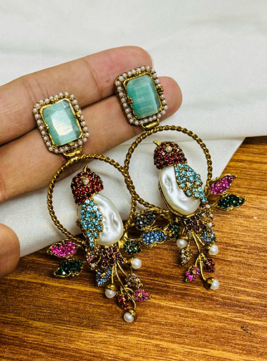Luxury Turkish Bird Statement Earrings with Pearls & Crystals | Gold Plated Designer Drop Earrings