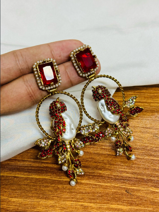 Luxury Turkish Bird Statement Earrings with Pearls & Crystals | Gold Plated Designer Drop Earrings