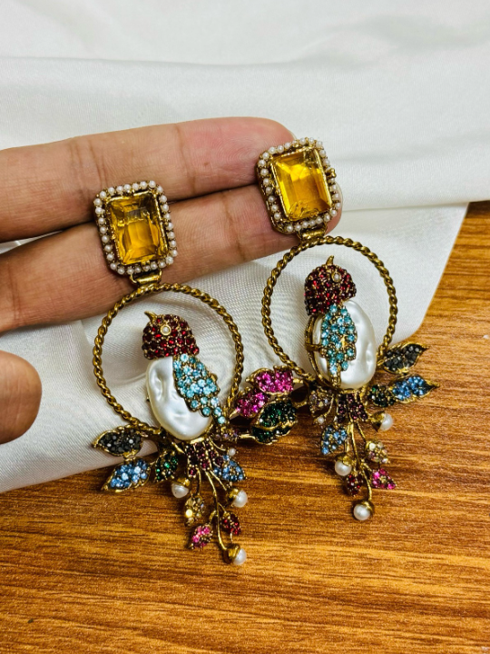 Luxury Turkish Bird Statement Earrings with Pearls & Crystals | Gold Plated Designer Drop Earrings