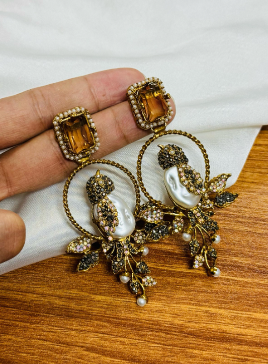 Luxury Turkish Bird Statement Earrings with Pearls & Crystals | Gold Plated Designer Drop Earrings