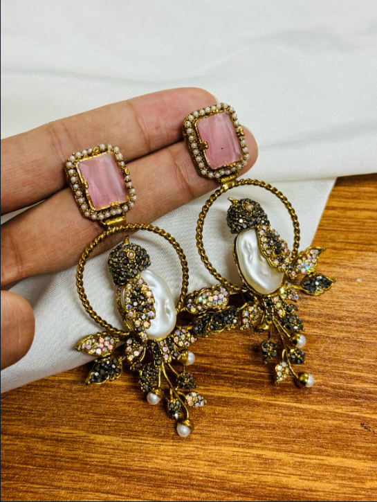 Luxury Turkish Bird Statement Earrings with Pearls & Crystals | Gold Plated Designer Drop Earrings
