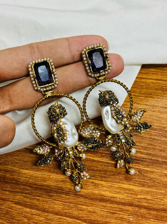 Luxury Turkish Bird Statement Earrings with Pearls & Crystals | Gold Plated Designer Drop Earrings