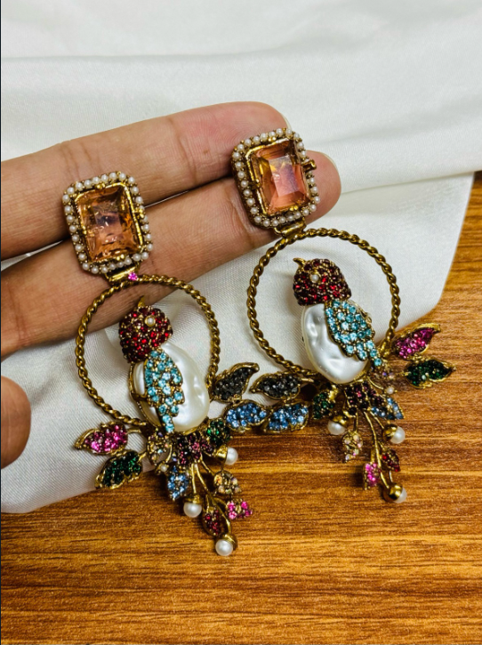 Luxury Turkish Bird Statement Earrings with Pearls & Crystals | Gold Plated Designer Drop Earrings