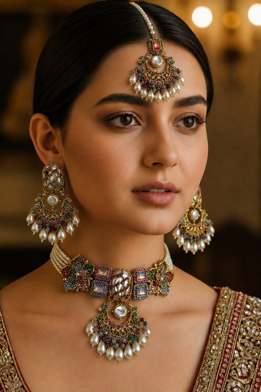 Turkish Purple & Emerald Choker Jewellery Set with Earrings & Matha Patti