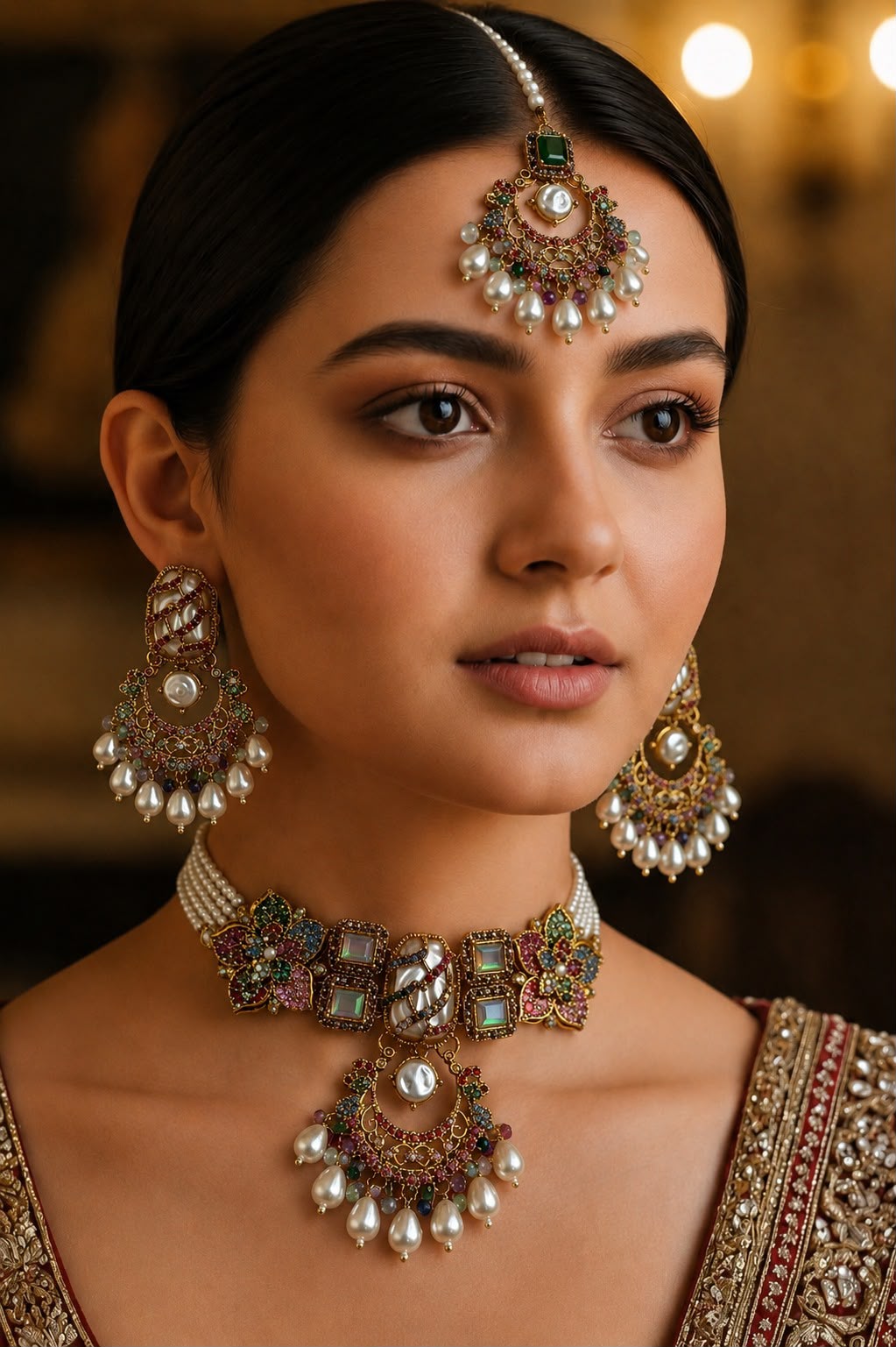 Turkish Purple & Emerald Choker Jewellery Set with Earrings & Matha Patti