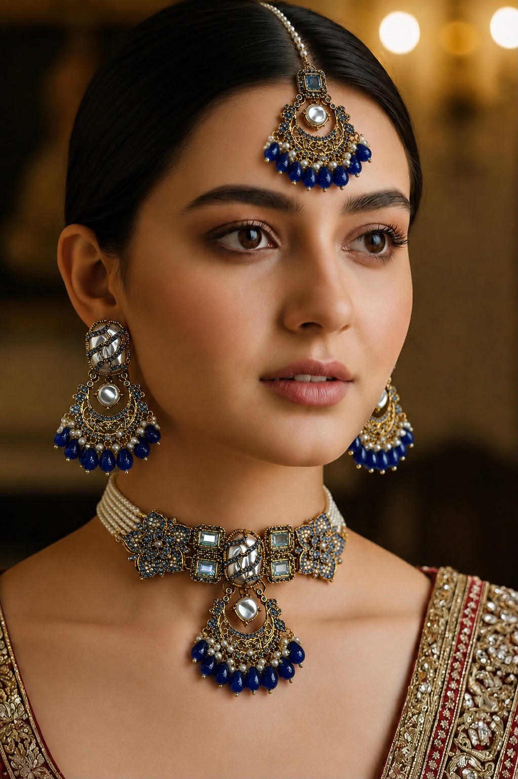 Turkish Purple & Emerald Choker Jewellery Set with Earrings & Matha Patti