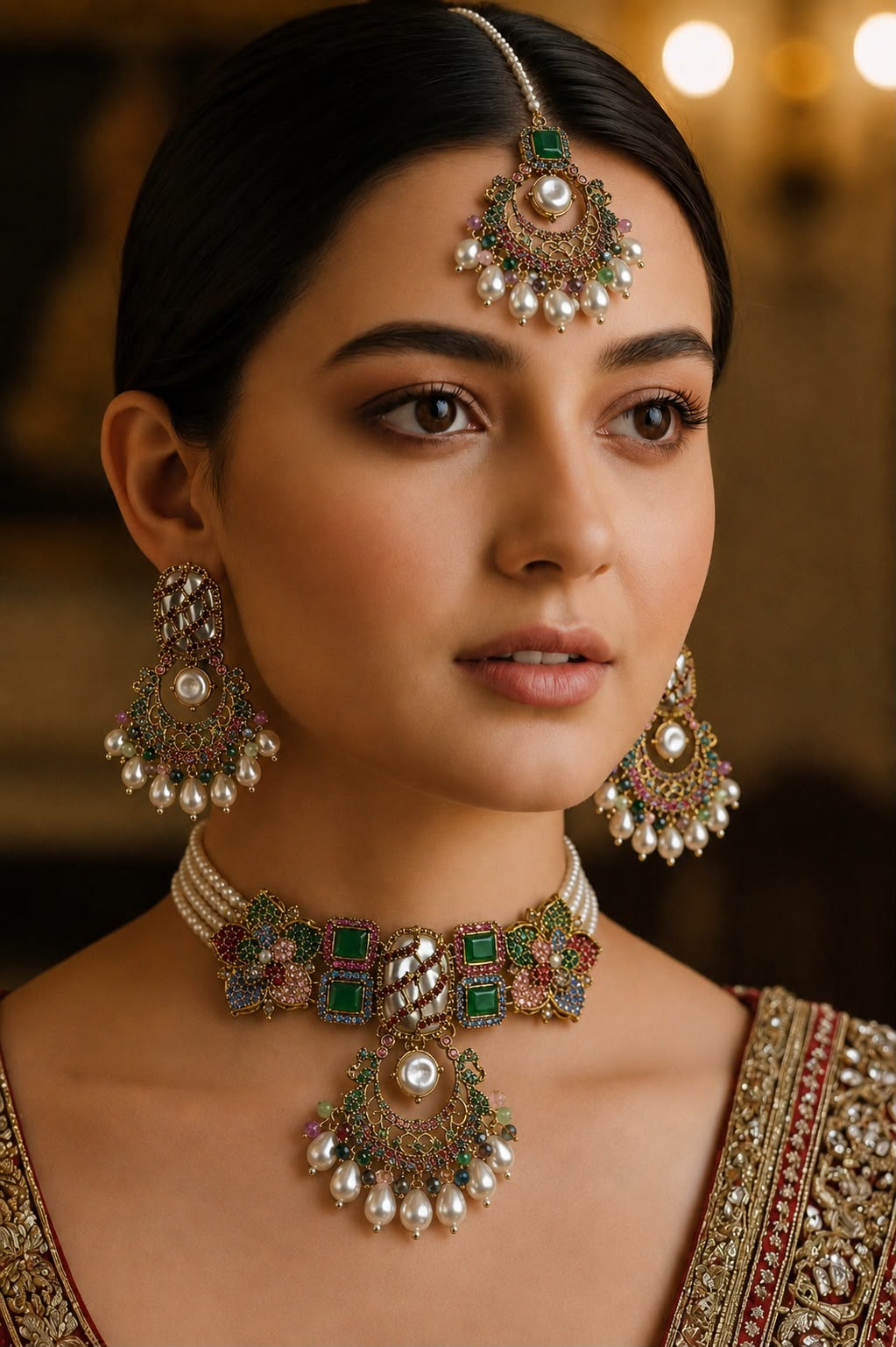 Turkish Purple & Emerald Choker Jewellery Set with Earrings & Matha Patti