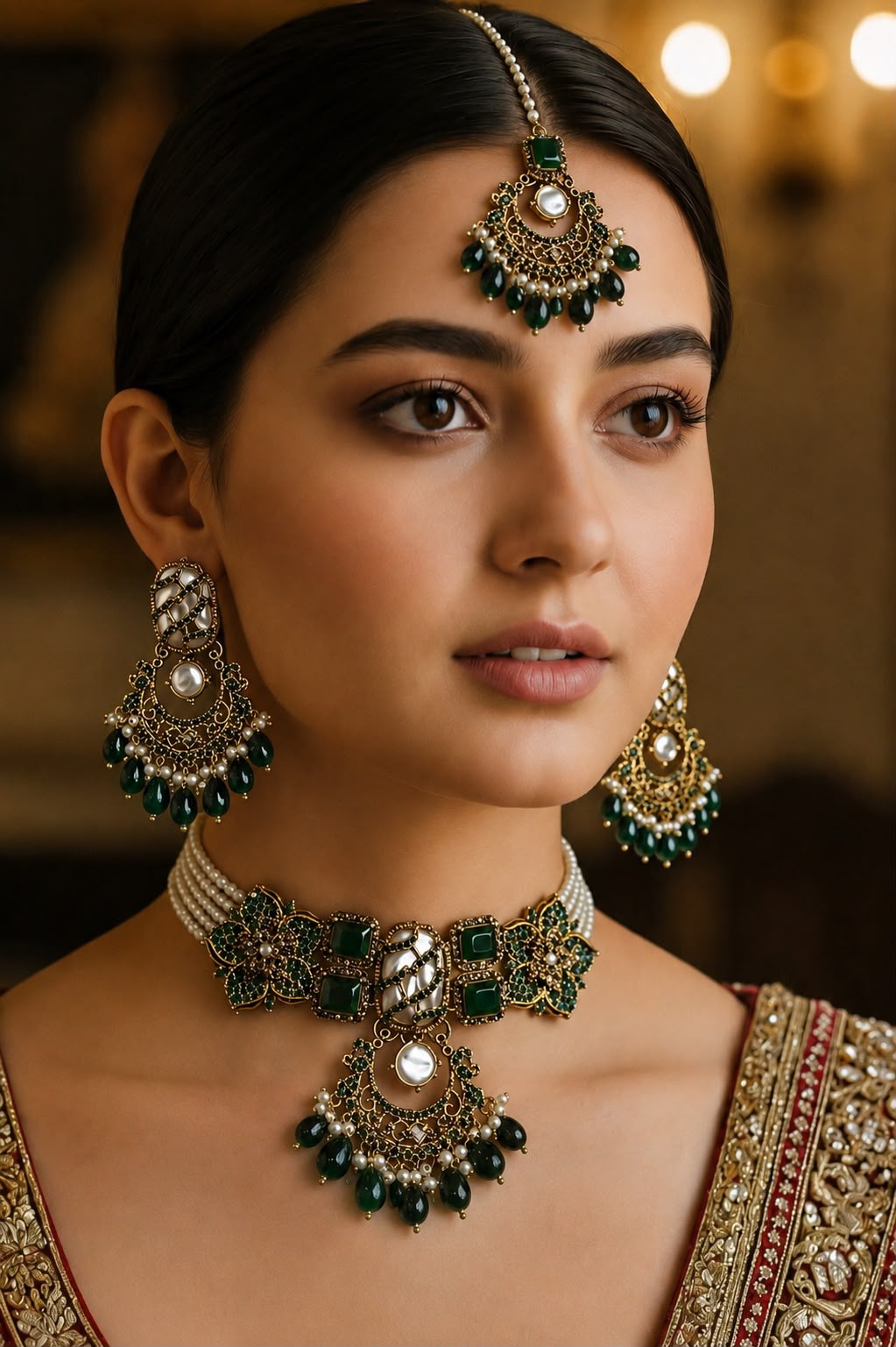 Turkish Purple & Emerald Choker Jewellery Set with Earrings & Matha Patti