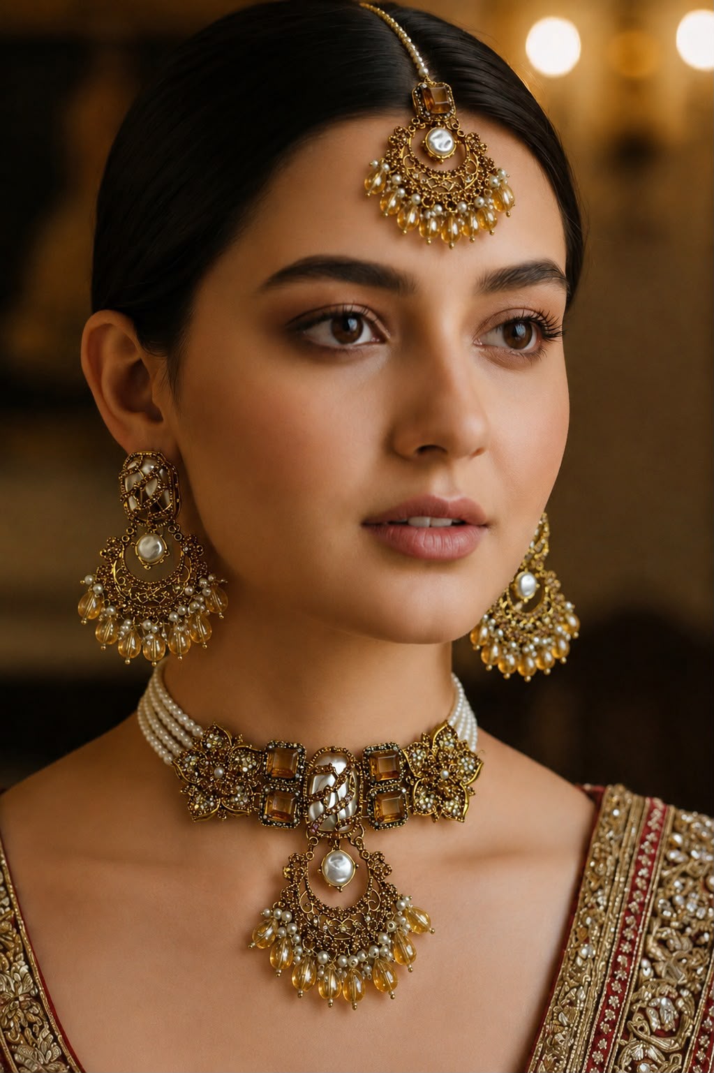 Turkish Purple & Emerald Choker Jewellery Set with Earrings & Matha Patti