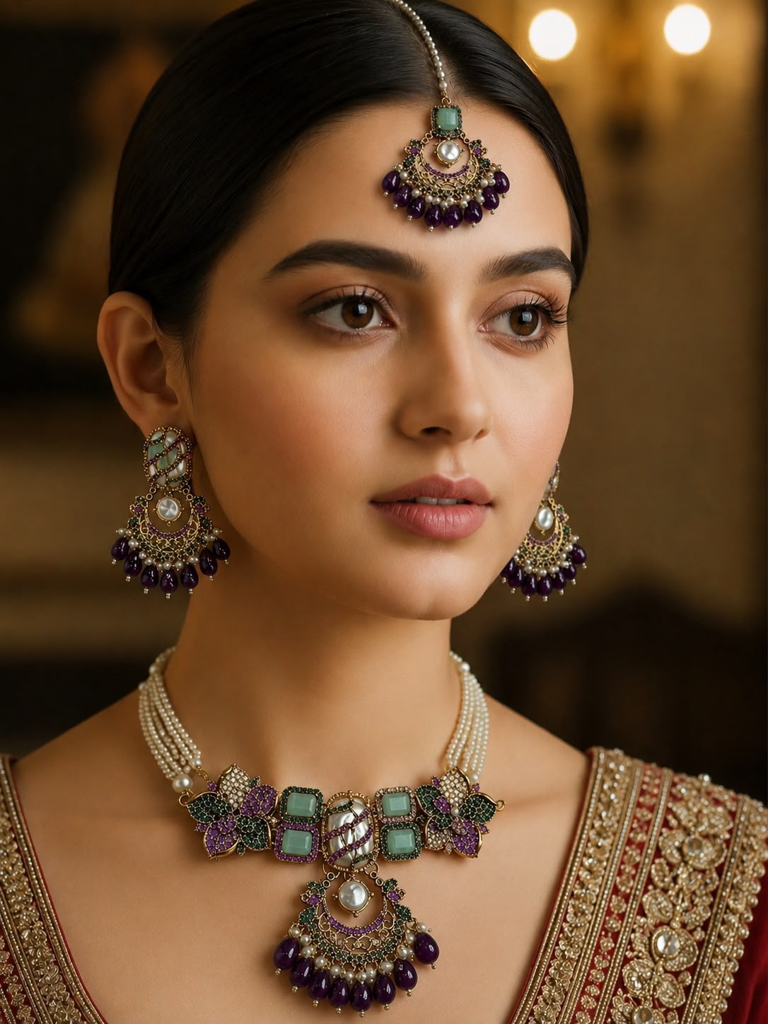 Turkish Purple & Emerald Choker Jewellery Set with Earrings & Matha Patti