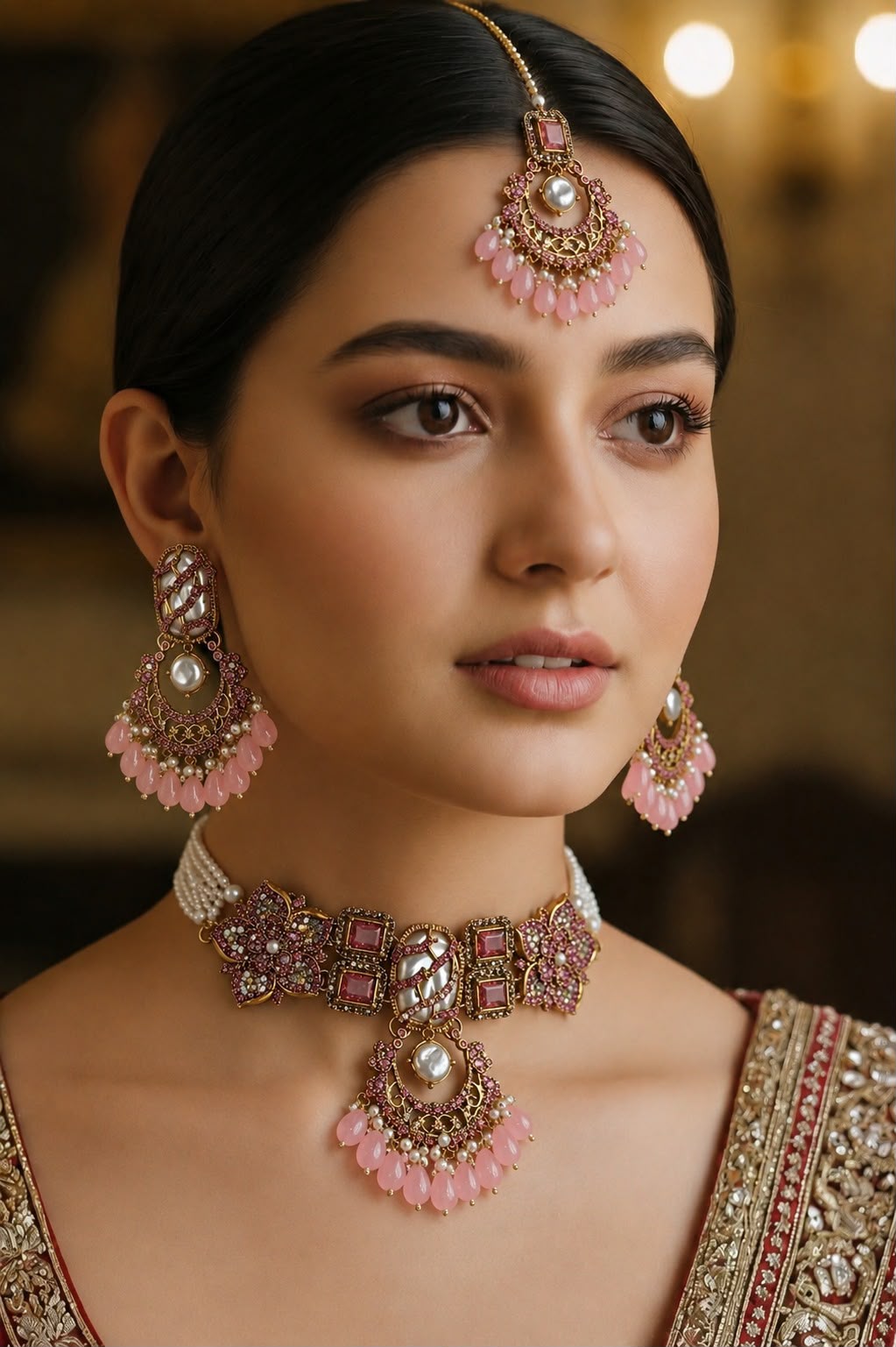 Turkish Purple & Emerald Choker Jewellery Set with Earrings & Matha Patti
