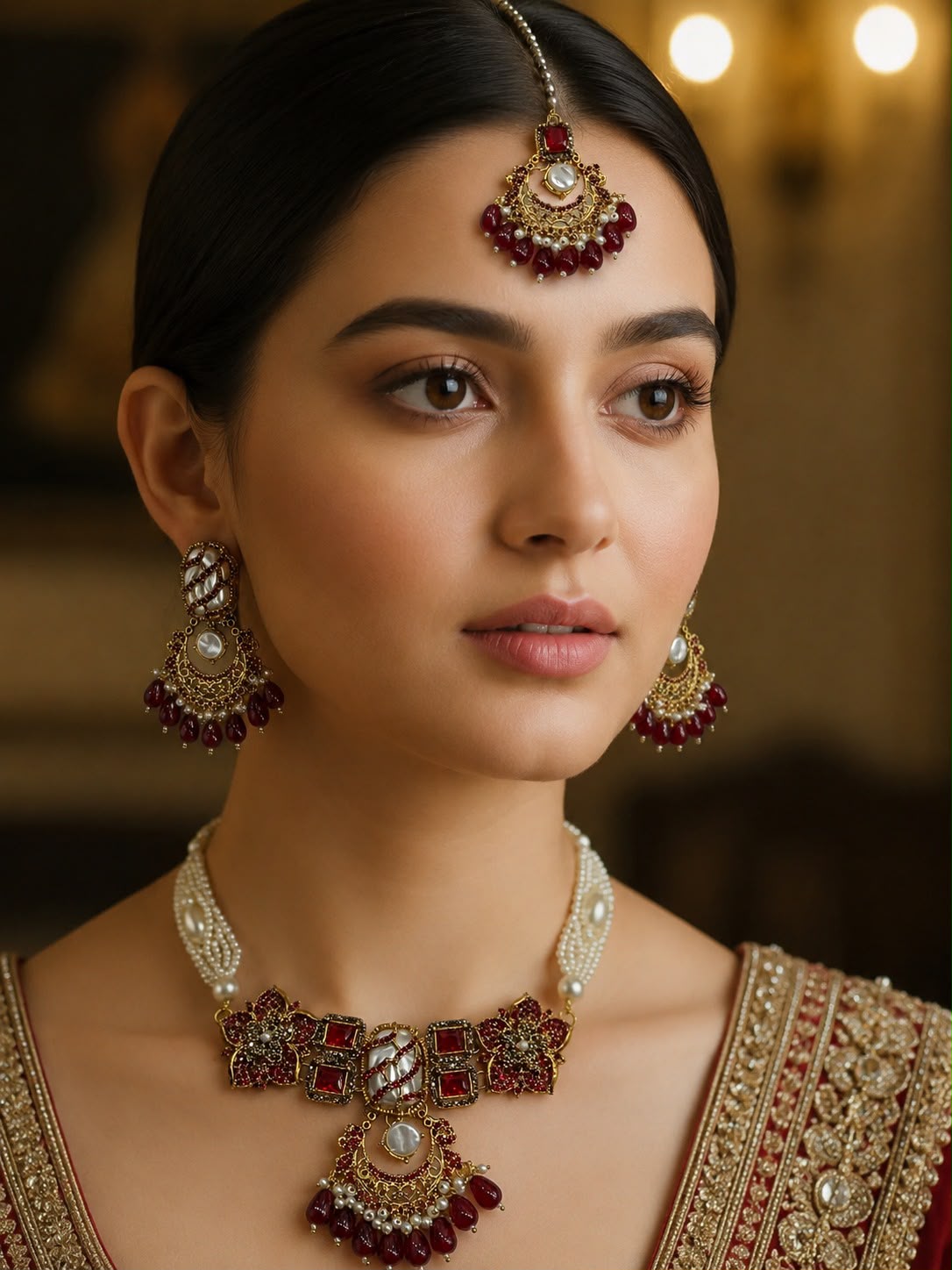 Turkish Purple & Emerald Choker Jewellery Set with Earrings & Matha Patti