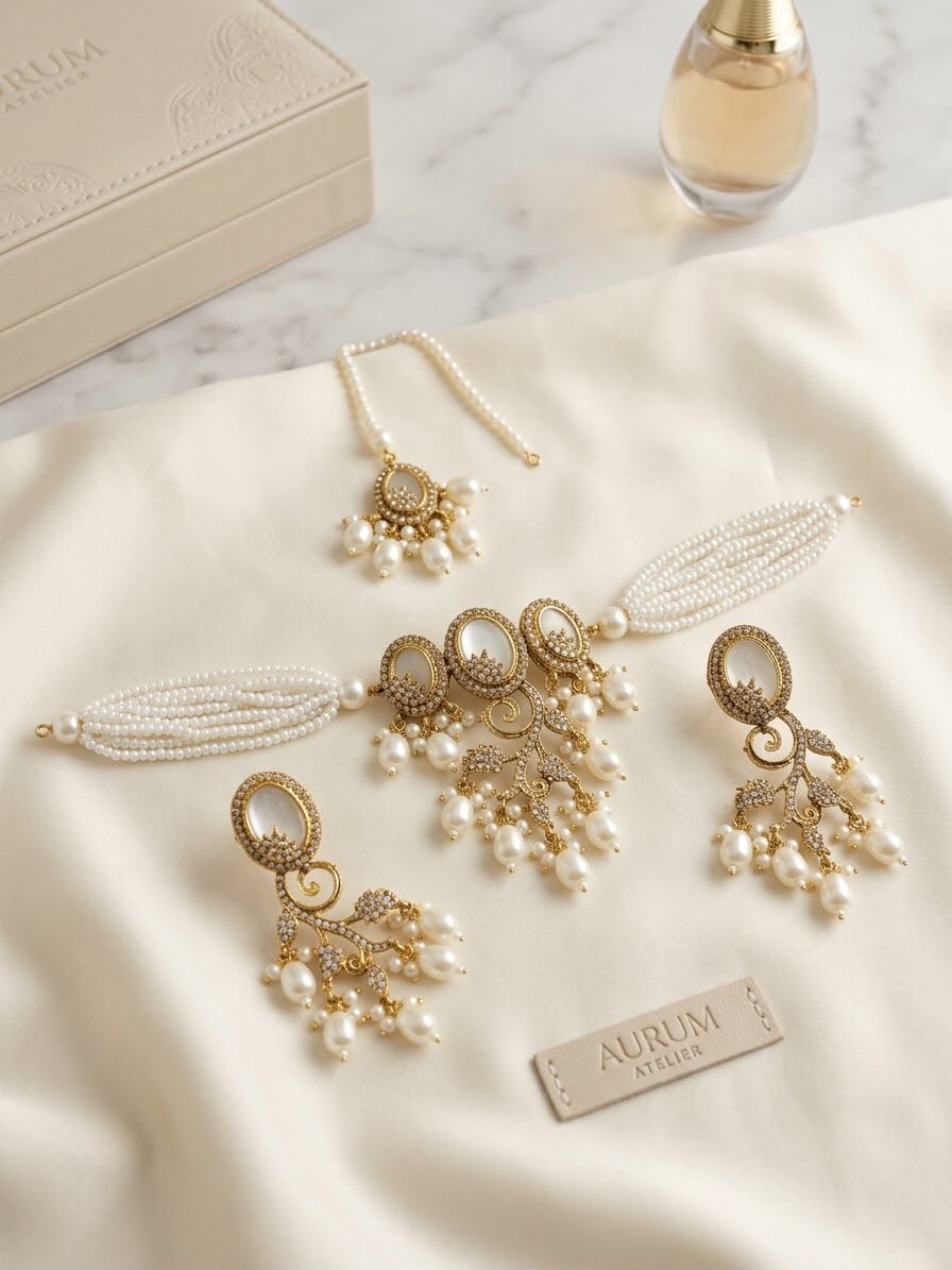 Kashmiri Pearl Choker Jewellery Set | Necklace, Earrings & Maang Teeka – Laiba Jewellery