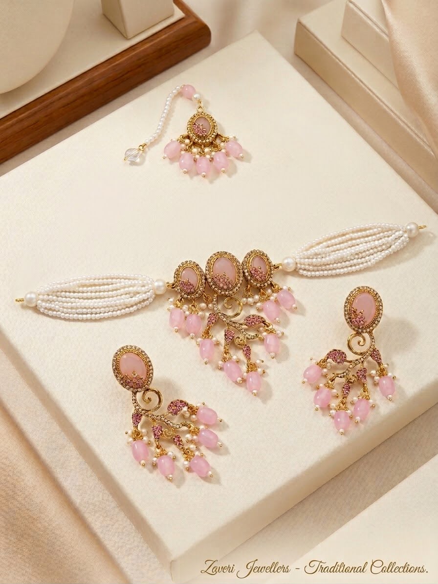 Kashmiri Pearl Choker Jewellery Set | Necklace, Earrings & Maang Teeka – Laiba Jewellery
