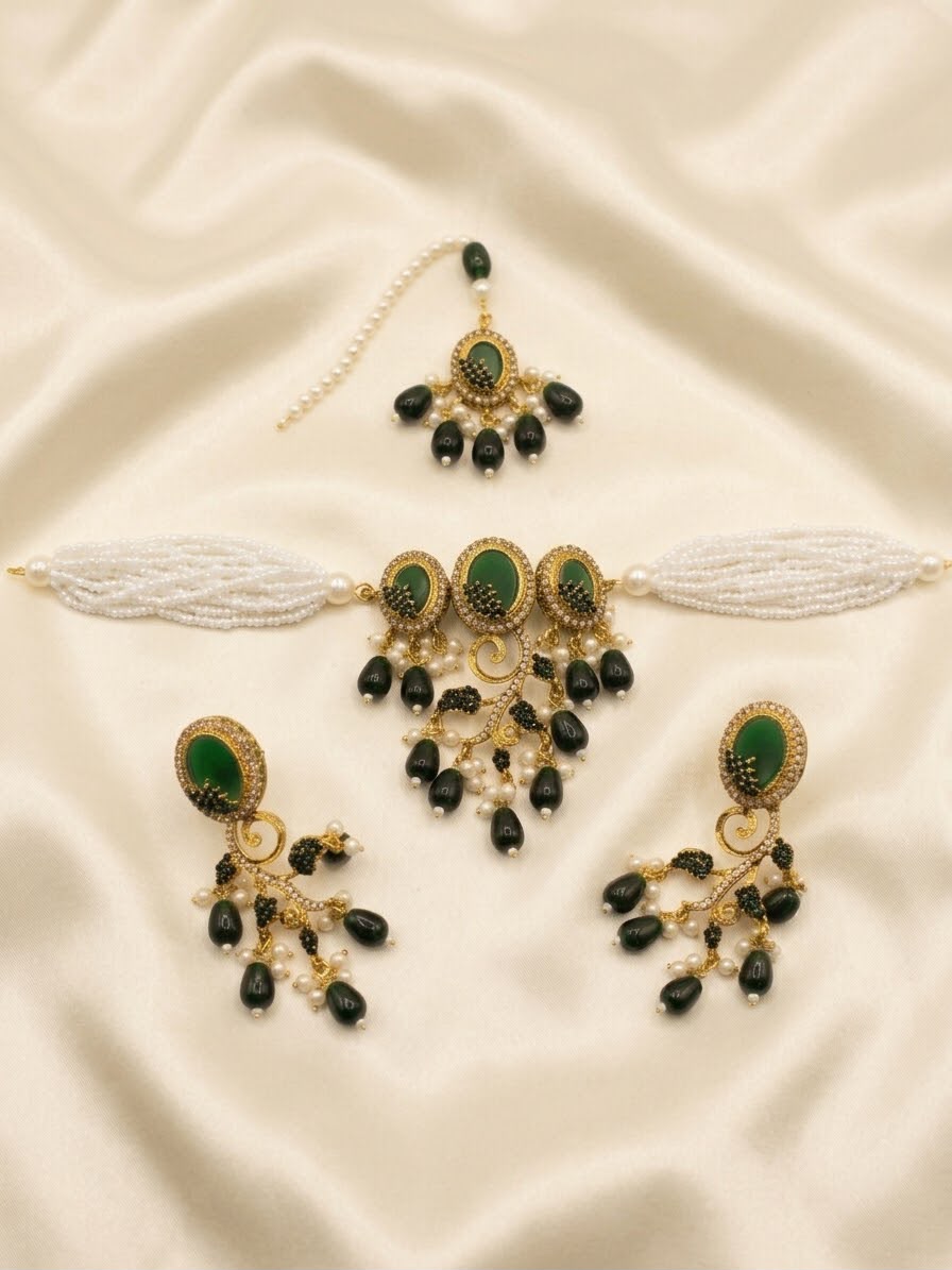 Kashmiri Pearl Choker Jewellery Set | Necklace, Earrings & Maang Teeka – Laiba Jewellery