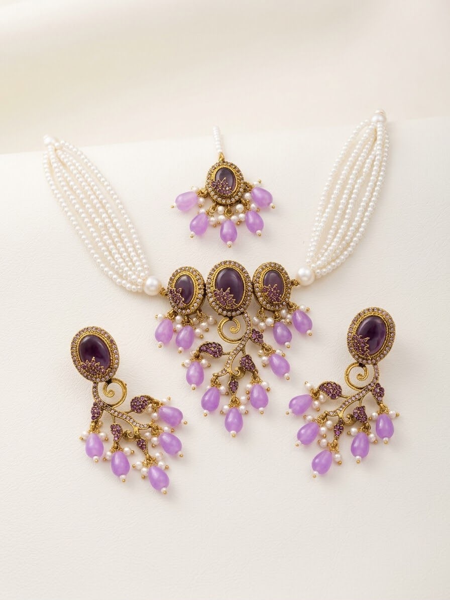 Kashmiri Pearl Choker Jewellery Set | Necklace, Earrings & Maang Teeka – Laiba Jewellery