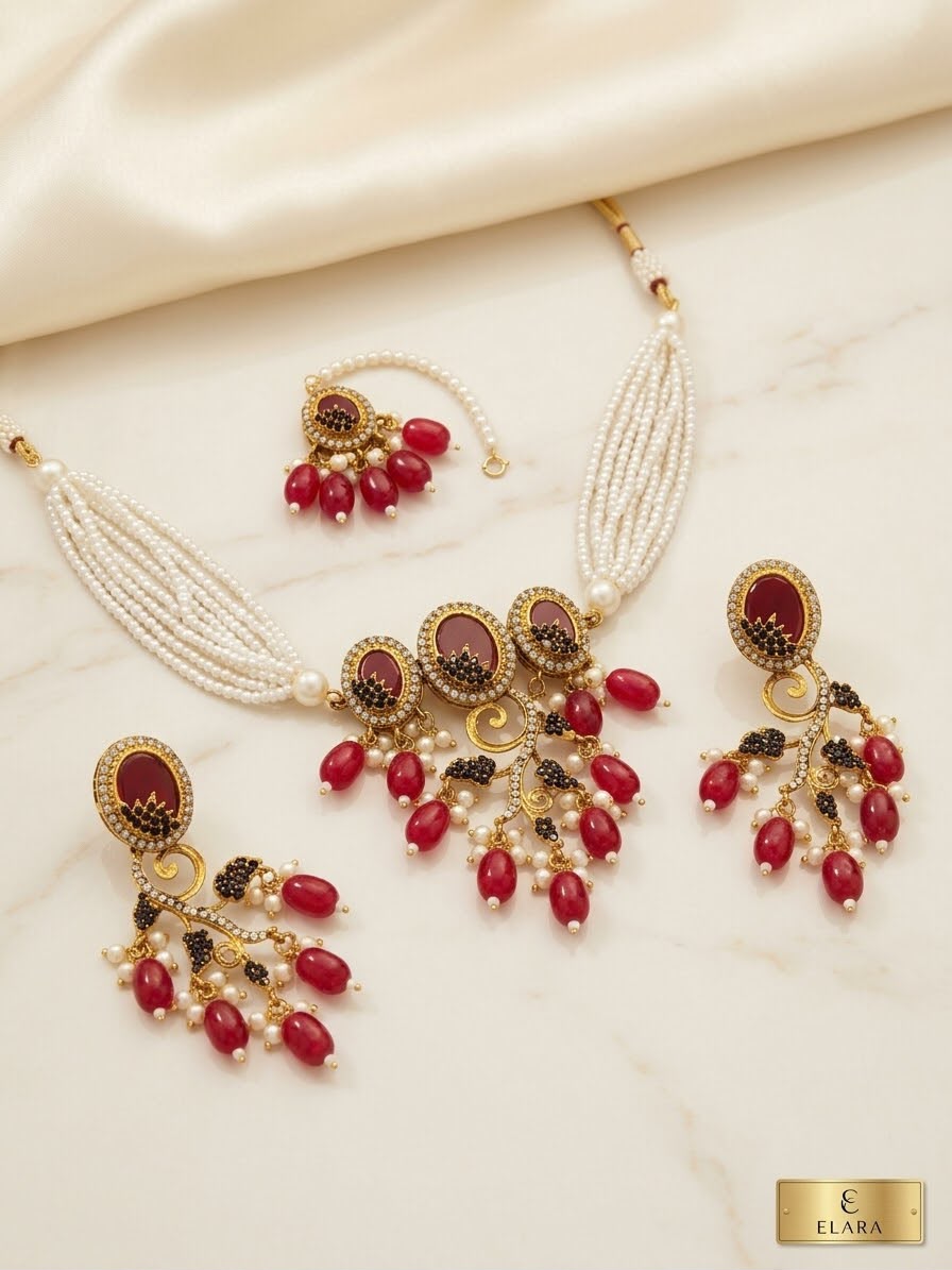 Kashmiri Pearl Choker Jewellery Set | Necklace, Earrings & Maang Teeka – Laiba Jewellery