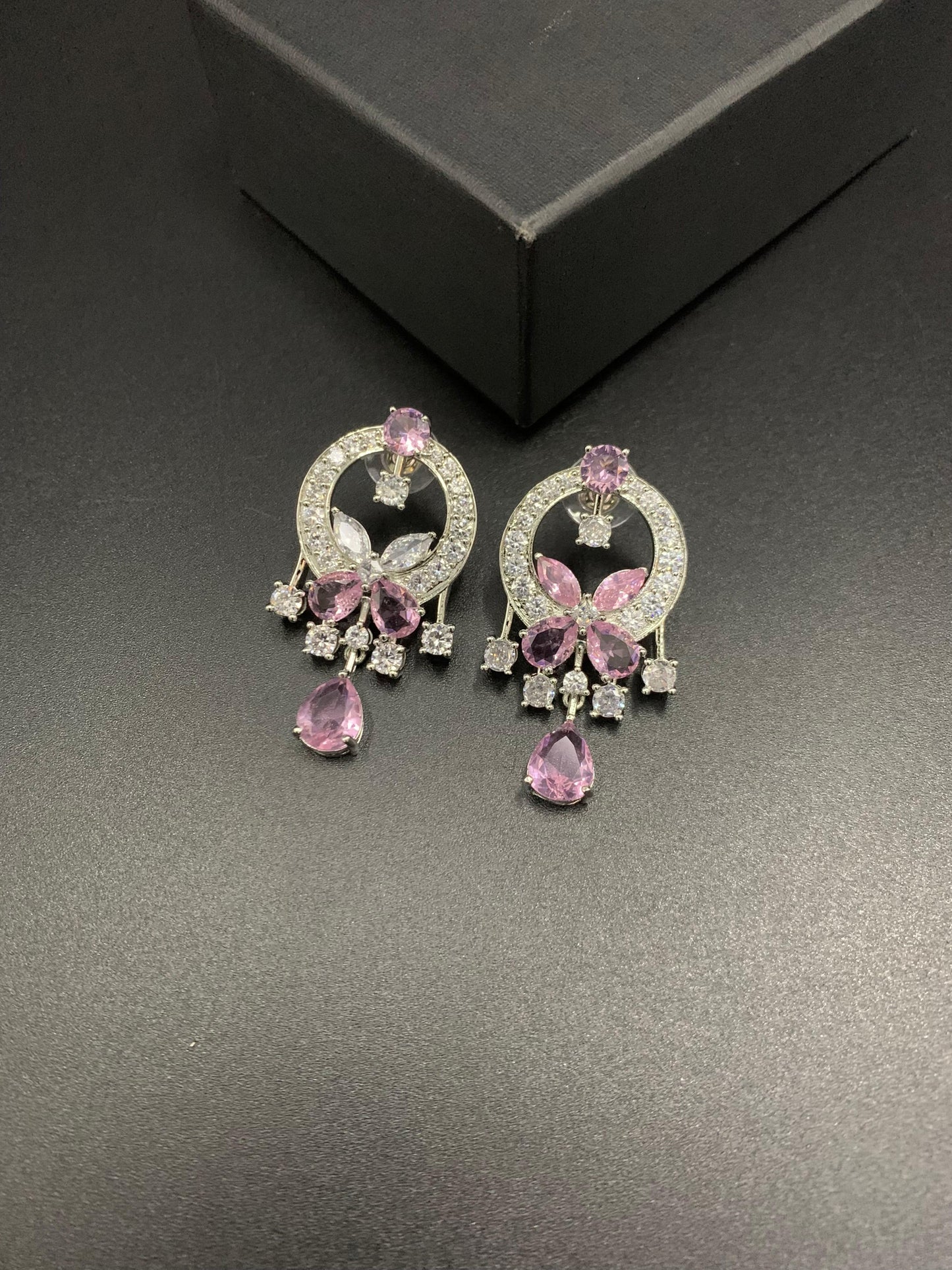 Designer Emerald Green|  Marquise Floral Drop Earrings | Silver Plated Chandelier Studs