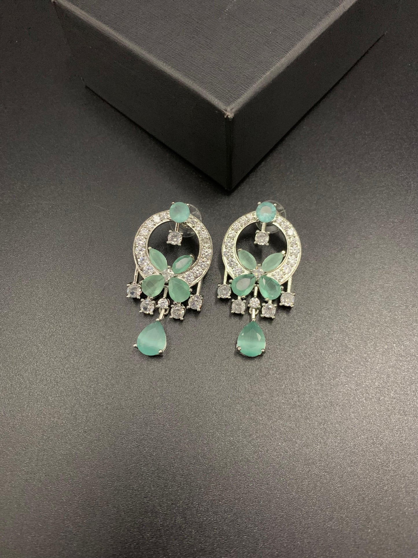 Designer Emerald Green|  Marquise Floral Drop Earrings | Silver Plated Chandelier Studs