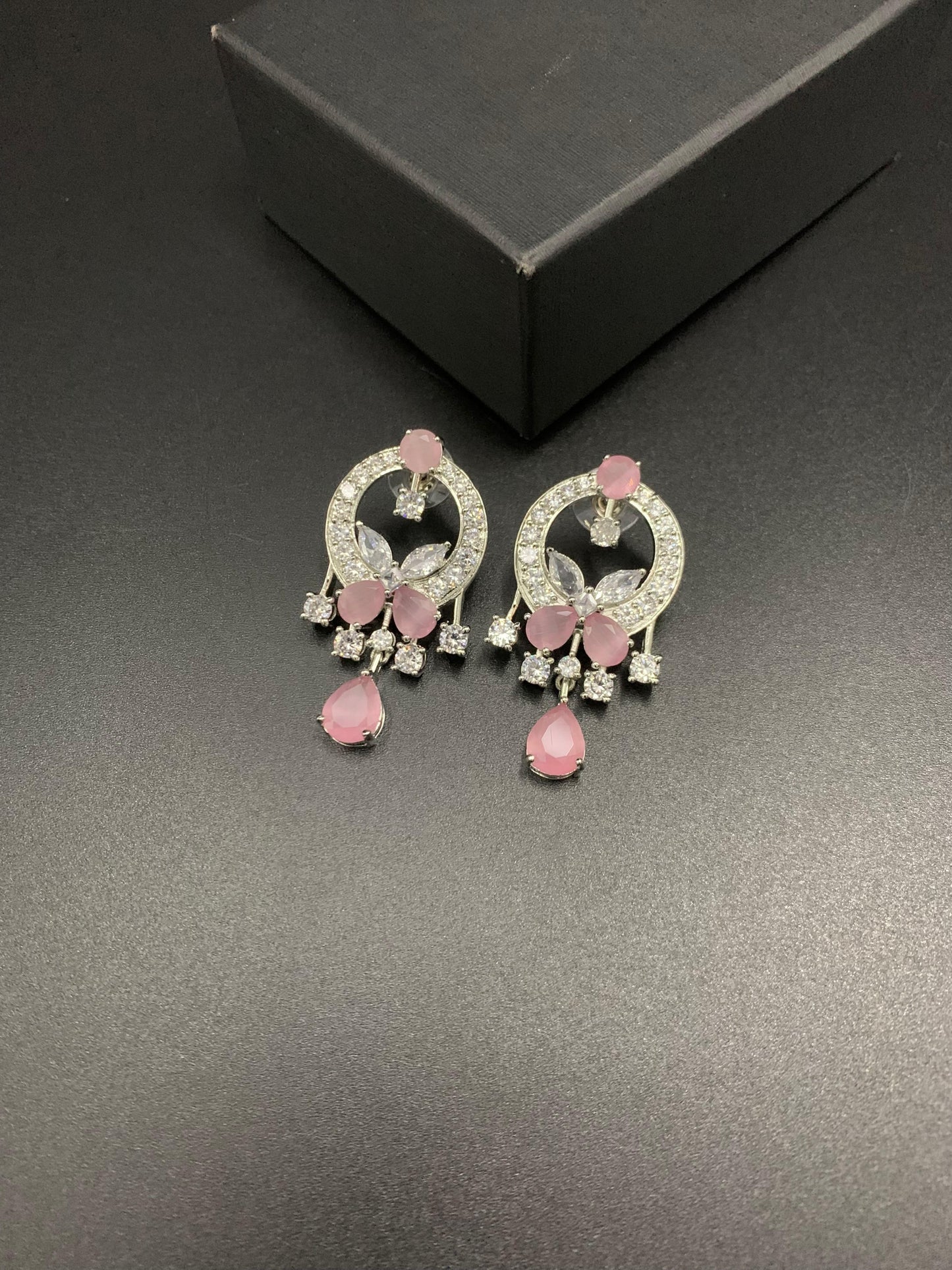Designer Emerald Green|  Marquise Floral Drop Earrings | Silver Plated Chandelier Studs