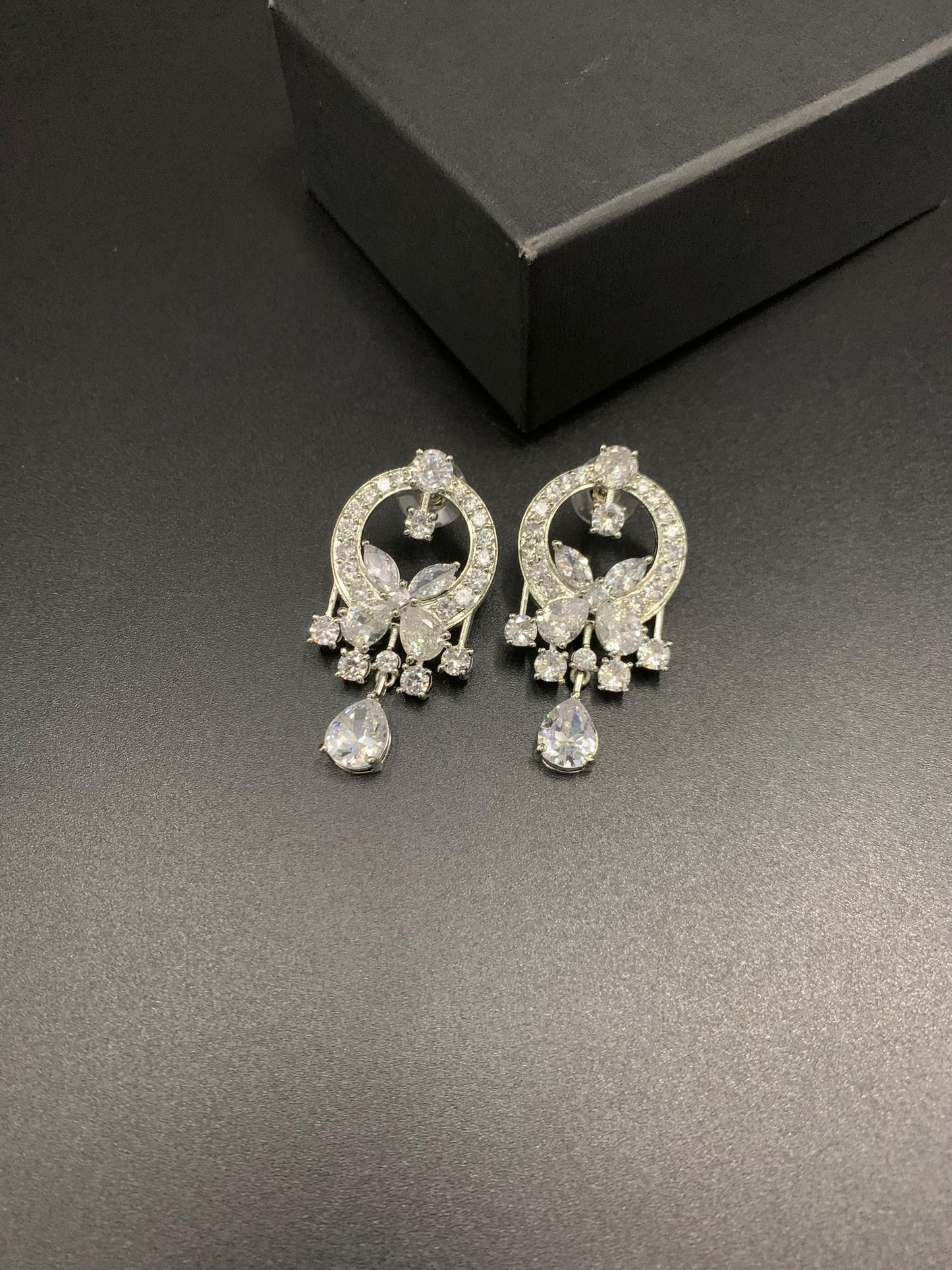 Designer Emerald Green|  Marquise Floral Drop Earrings | Silver Plated Chandelier Studs