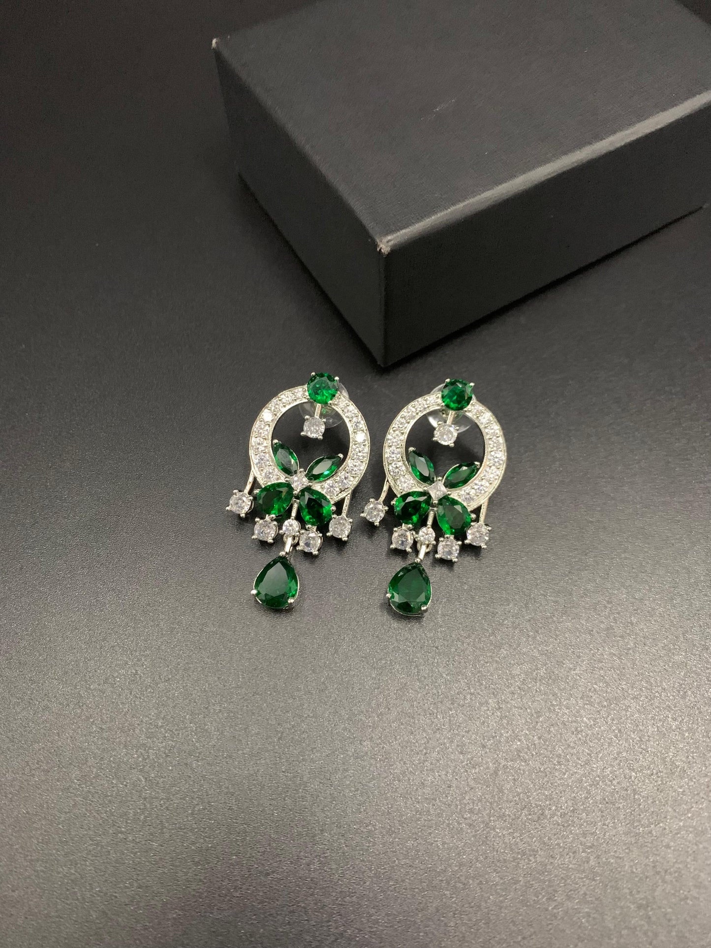 Designer Emerald Green|  Marquise Floral Drop Earrings | Silver Plated Chandelier Studs