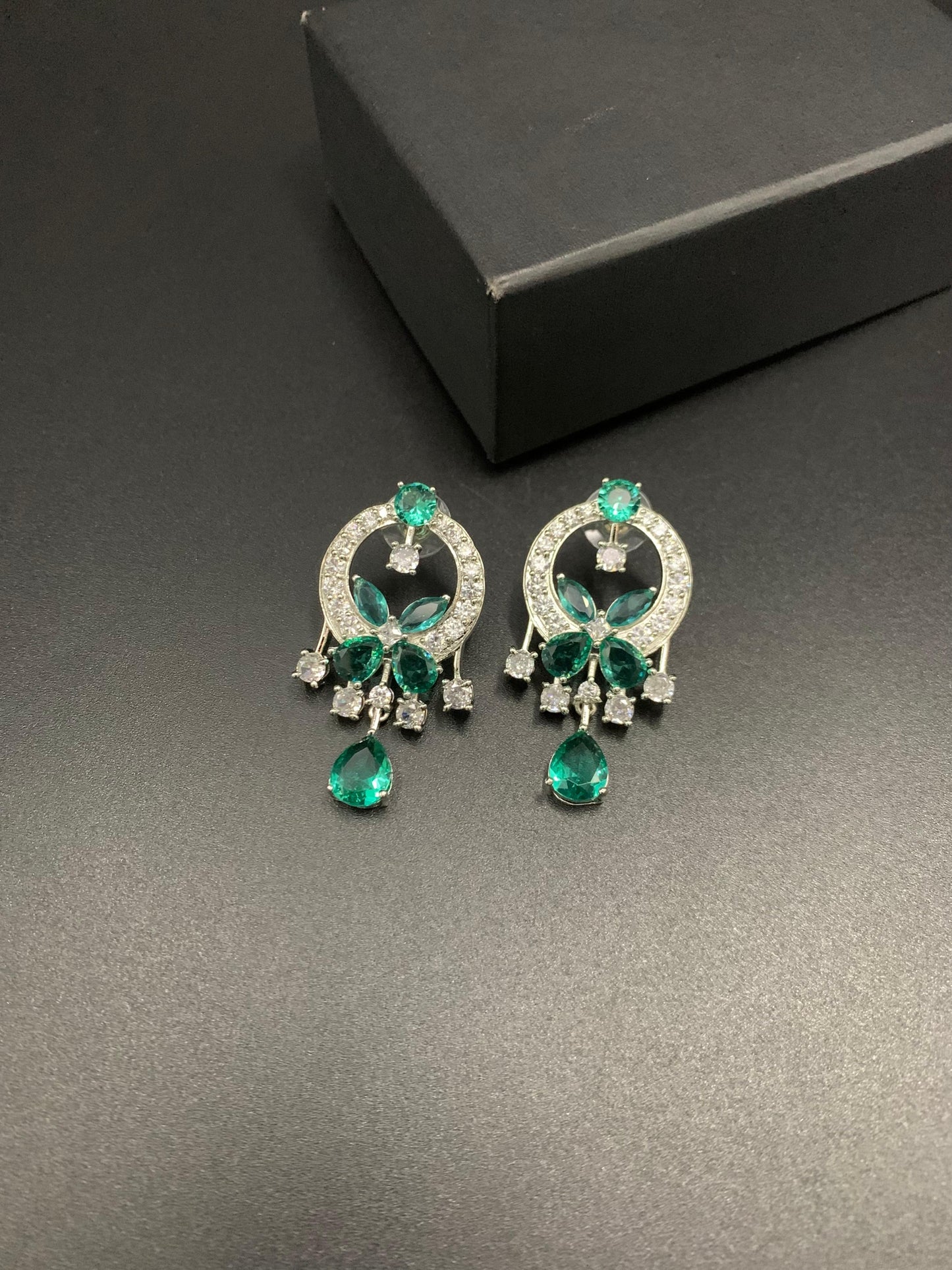 Designer Emerald Green|  Marquise Floral Drop Earrings | Silver Plated Chandelier Studs