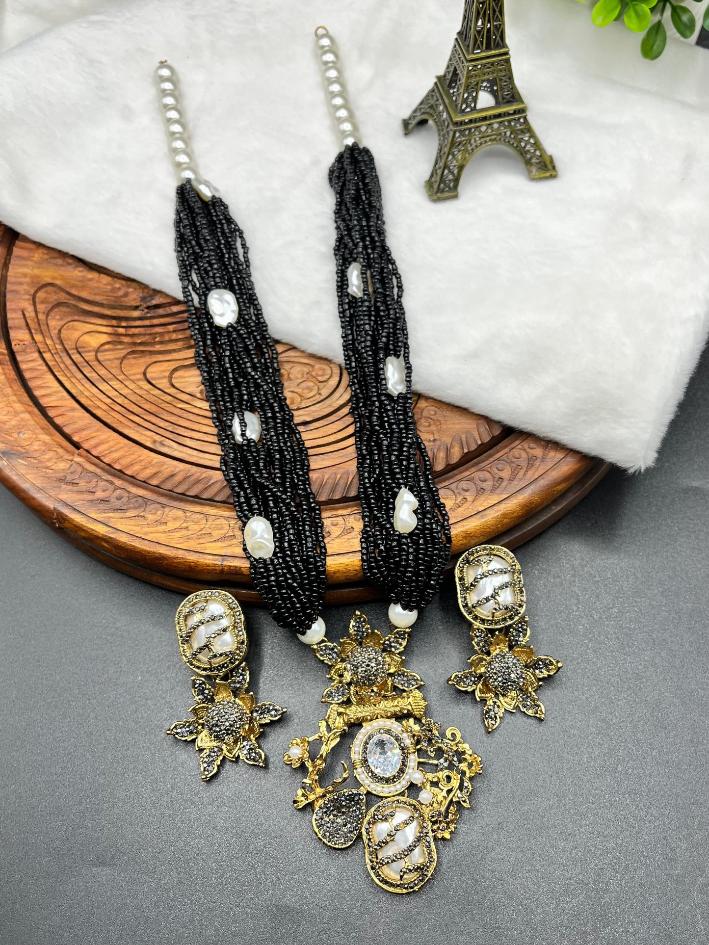 Turkish Designer Bridal Multi-Strand Royal Look Bead Necklace Set - Turkish Gold Filigree Pendant & Floral Drop Earrings with Baroque Pearl Accents
