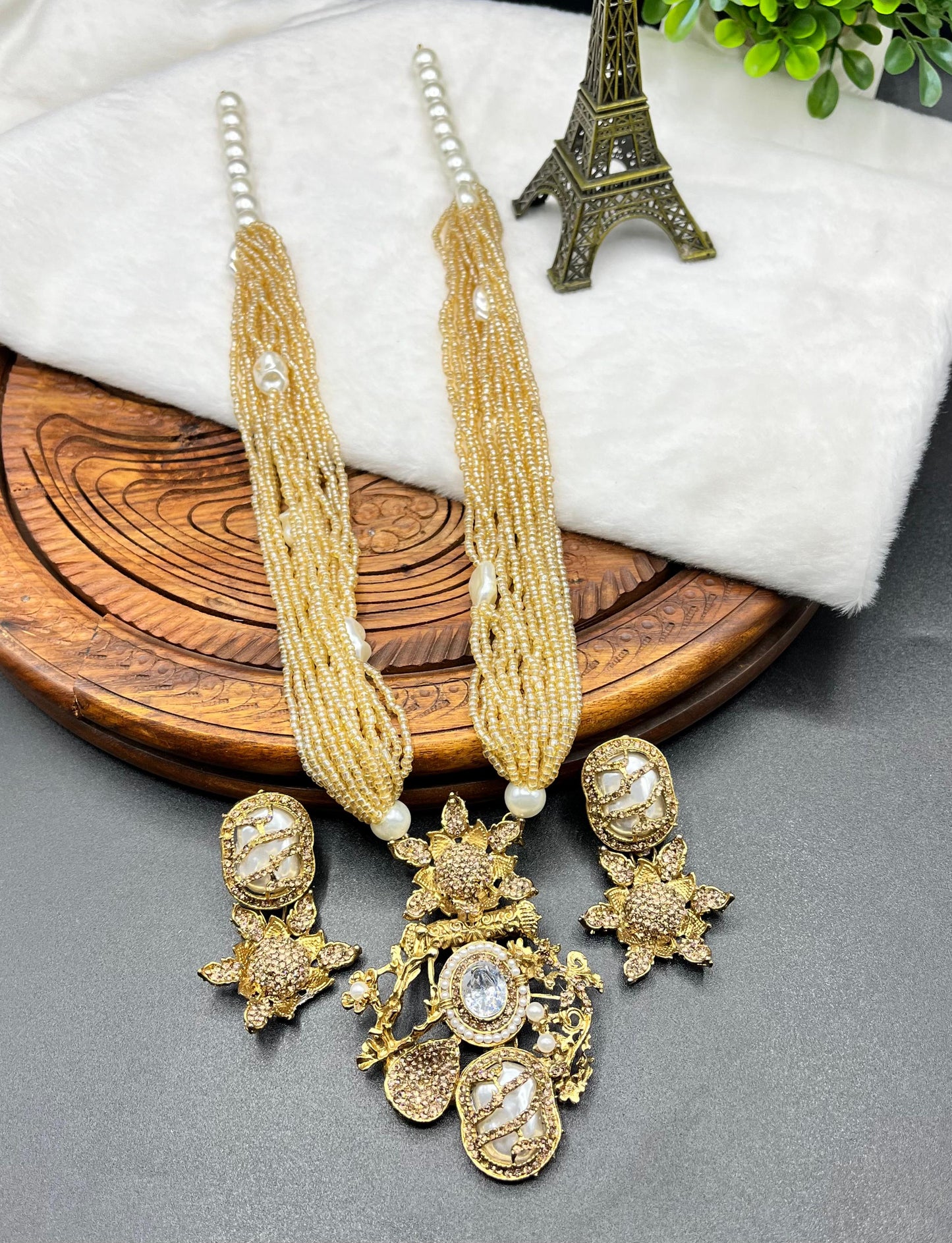 Turkish Designer Bridal Multi-Strand Royal Look Bead Necklace Set - Turkish Gold Filigree Pendant & Floral Drop Earrings with Baroque Pearl Accents