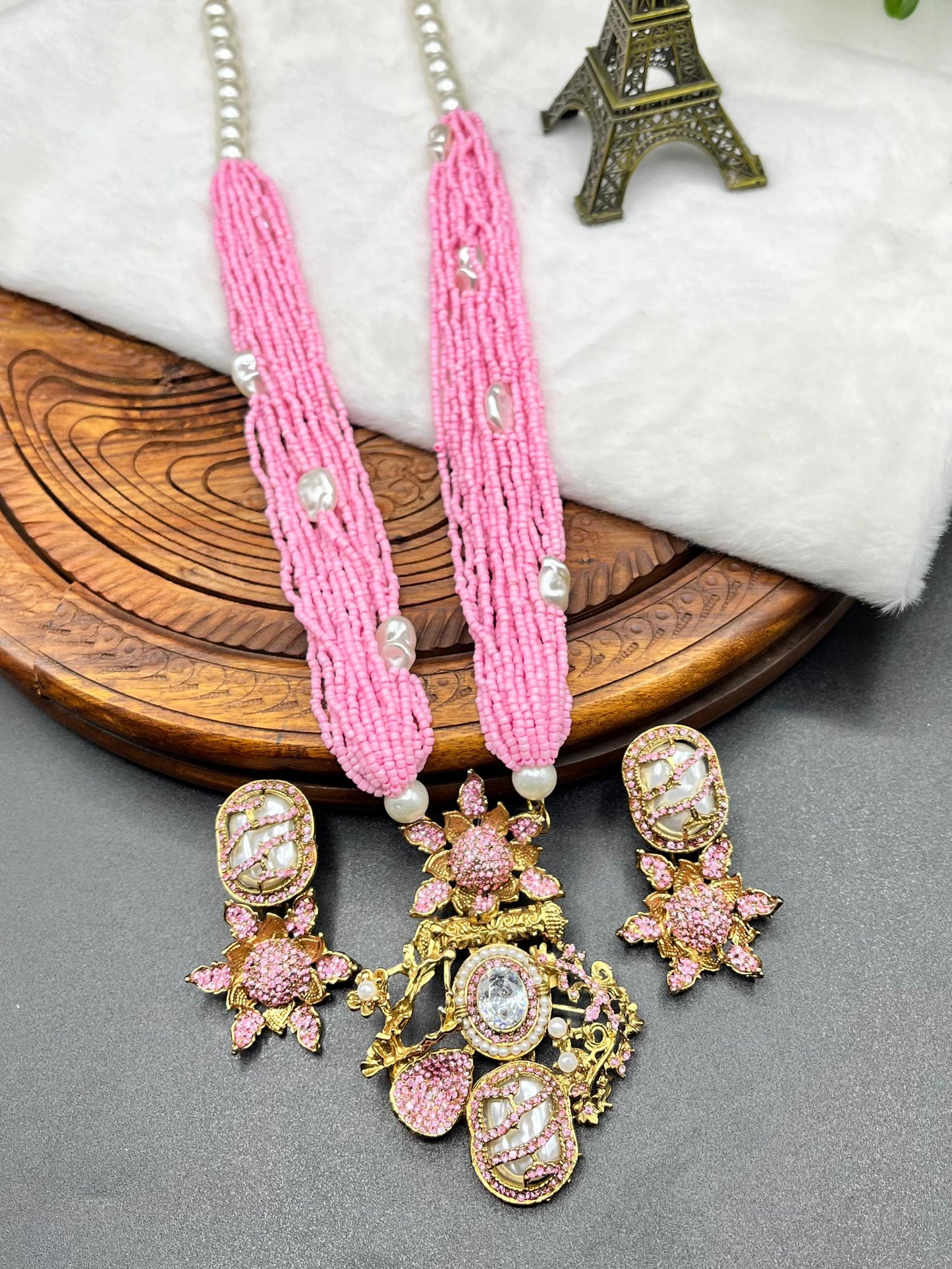 Turkish Designer Bridal Multi-Strand Royal Look Bead Necklace Set - Turkish Gold Filigree Pendant & Floral Drop Earrings with Baroque Pearl Accents