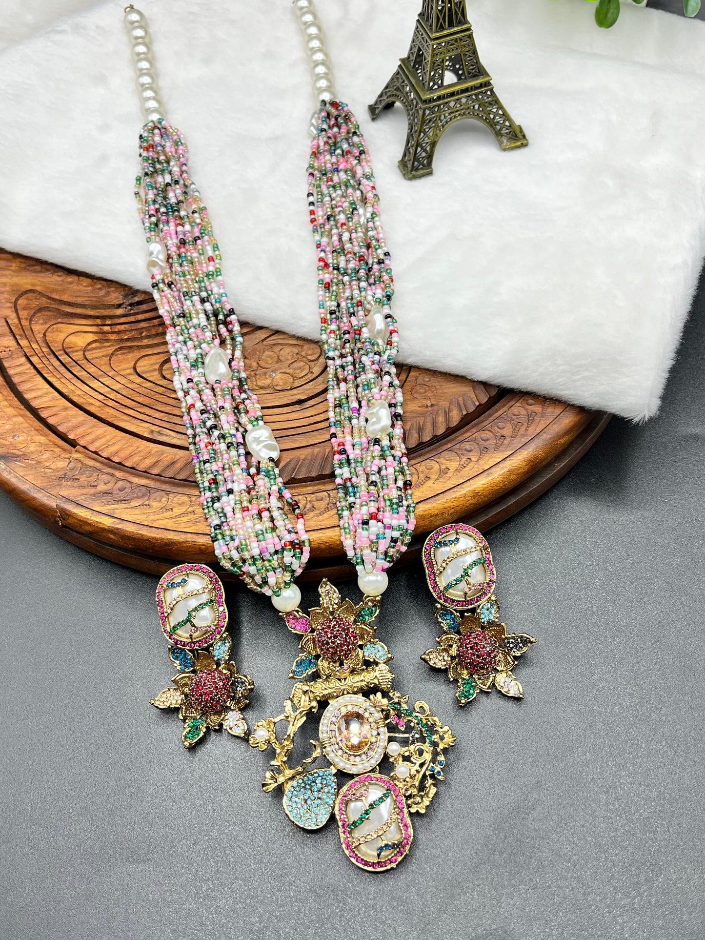 Turkish Designer Bridal Multi-Strand Royal Look Bead Necklace Set - Turkish Gold Filigree Pendant & Floral Drop Earrings with Baroque Pearl Accents