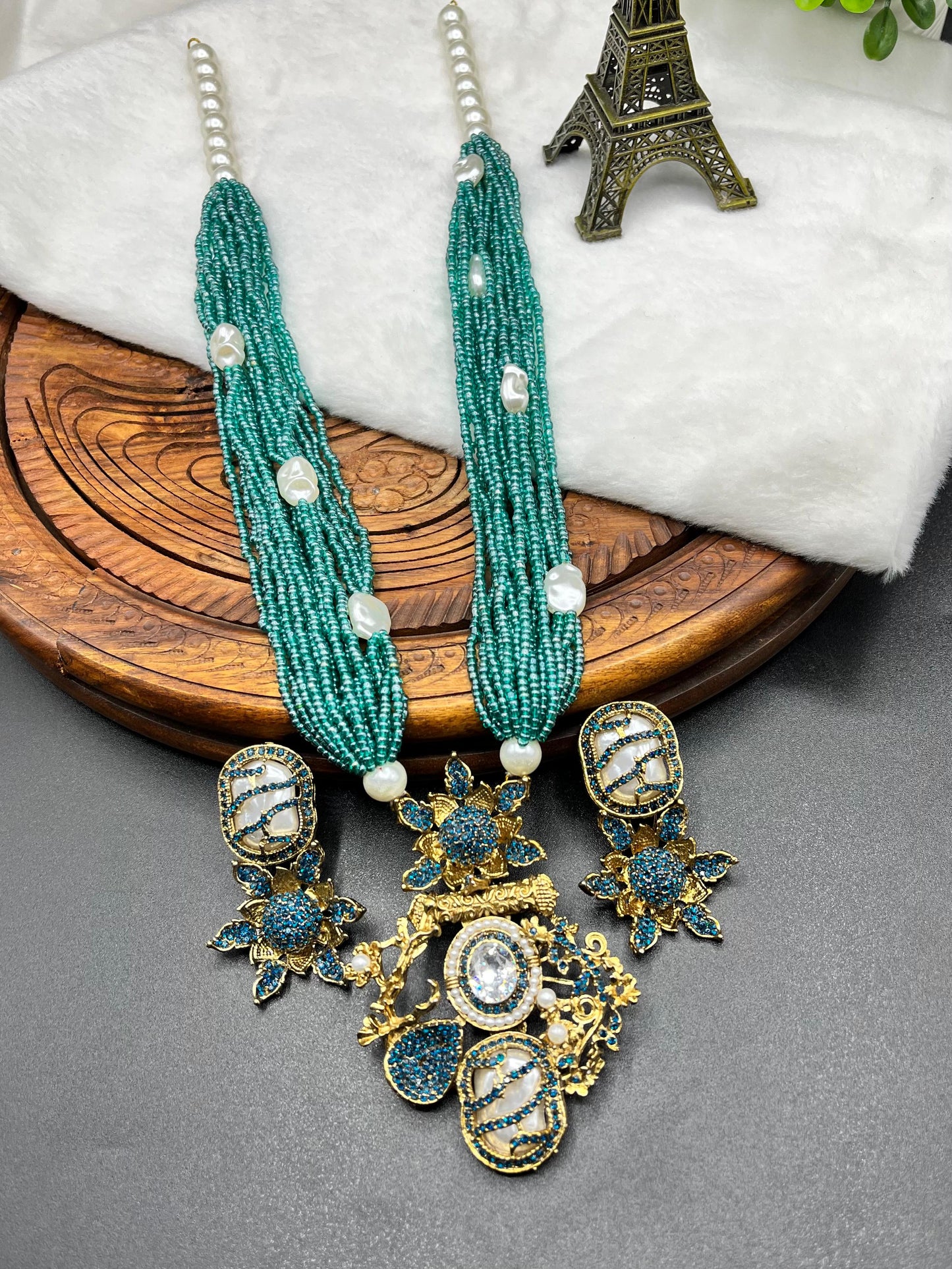 Turkish Designer Bridal Multi-Strand Royal Look Bead Necklace Set - Turkish Gold Filigree Pendant & Floral Drop Earrings with Baroque Pearl Accents