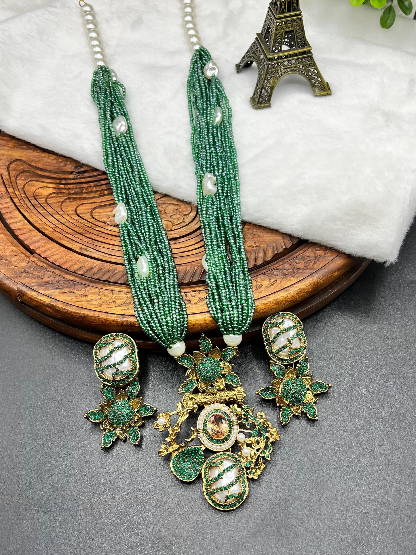 Turkish Designer Bridal Multi-Strand Royal Look Bead Necklace Set - Turkish Gold Filigree Pendant & Floral Drop Earrings with Baroque Pearl Accents
