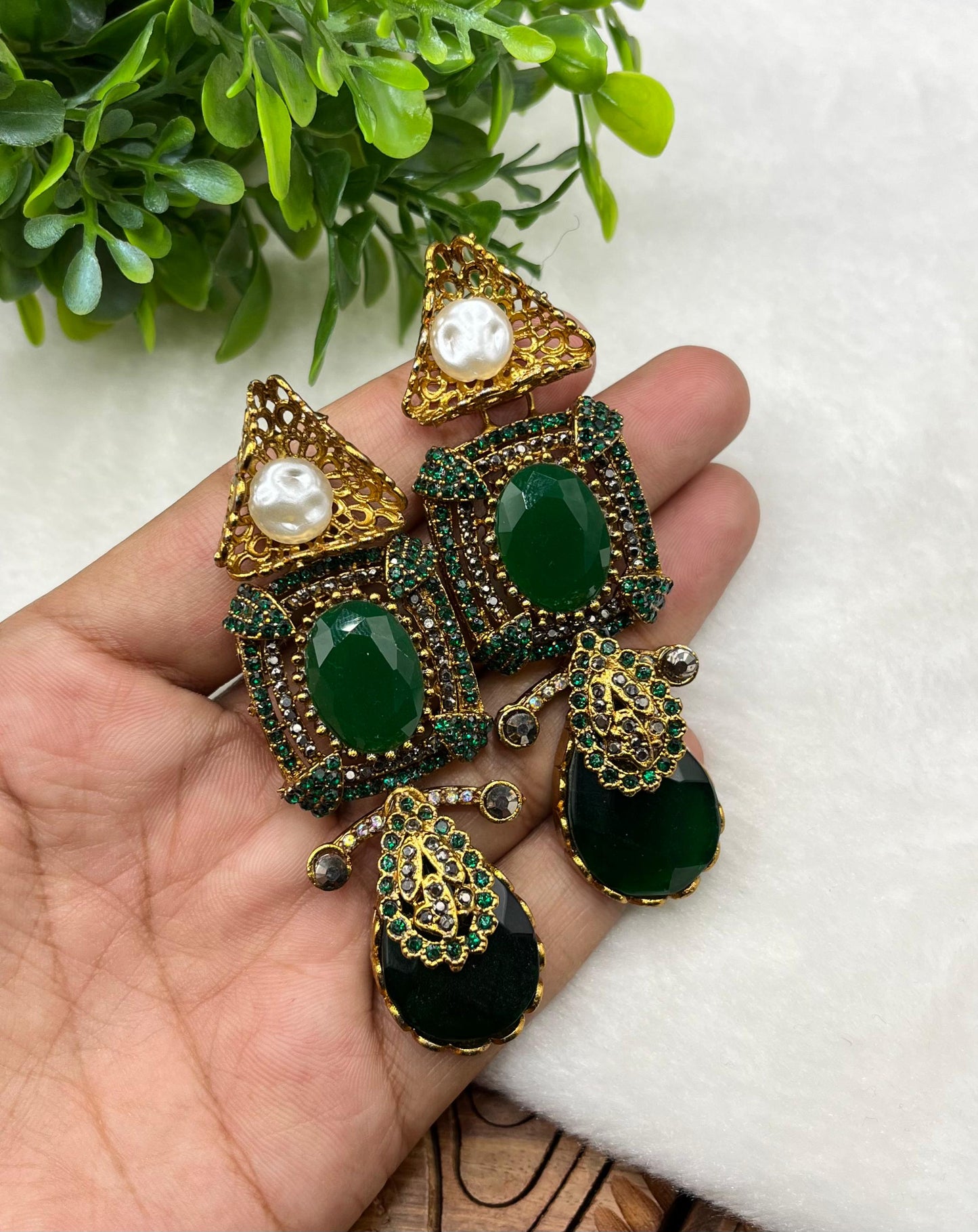 Turkish Designer Imperial Green Statement Earrings - Vintage Gold Filigree & Emerald-Cut Drop Earrings with Pearl Accents