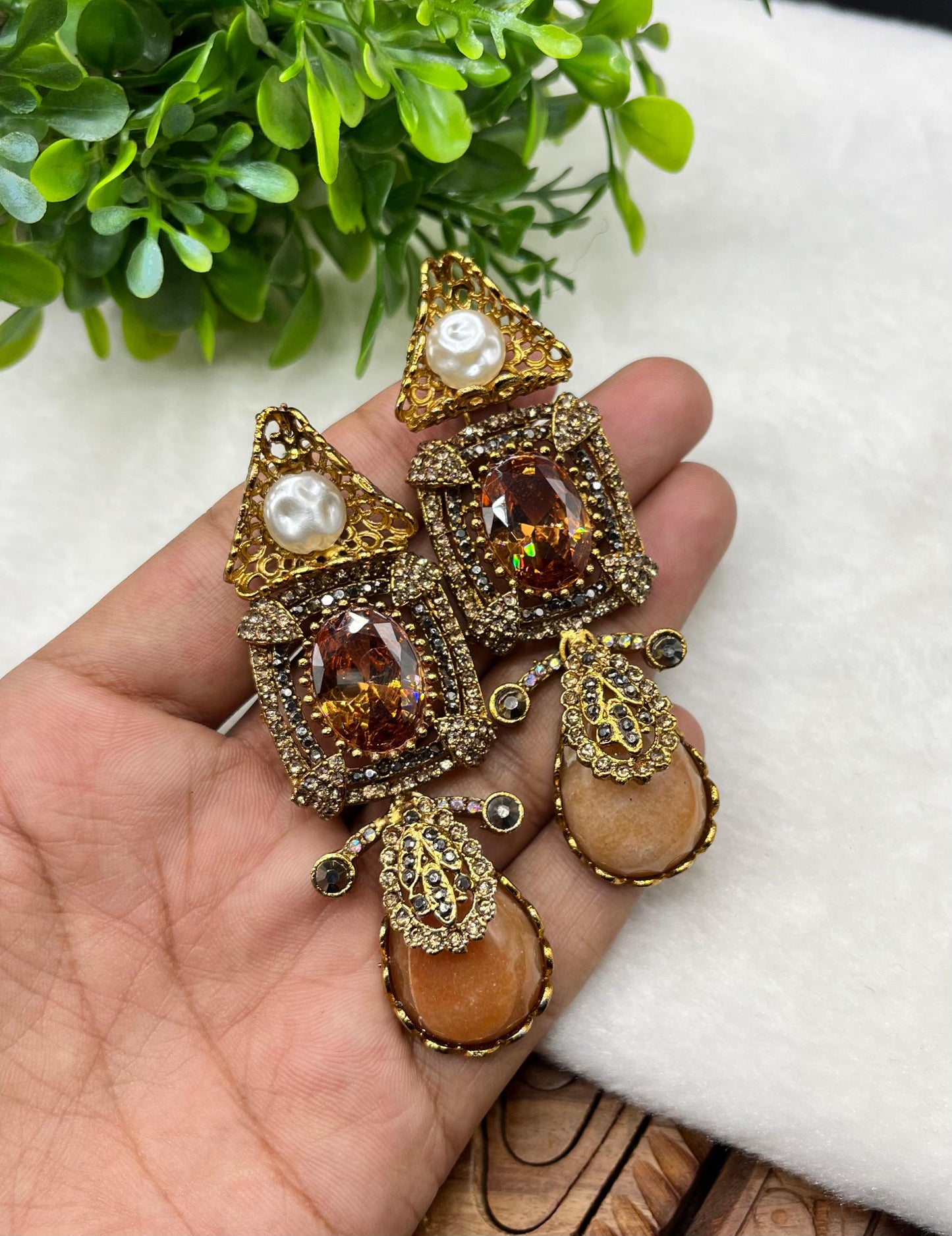 Turkish Designer Imperial Green Statement Earrings - Vintage Gold Filigree & Emerald-Cut Drop Earrings with Pearl Accents