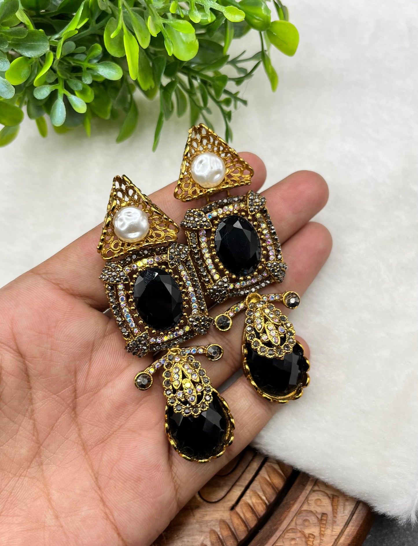 Turkish Designer Imperial Green Statement Earrings - Vintage Gold Filigree & Emerald-Cut Drop Earrings with Pearl Accents