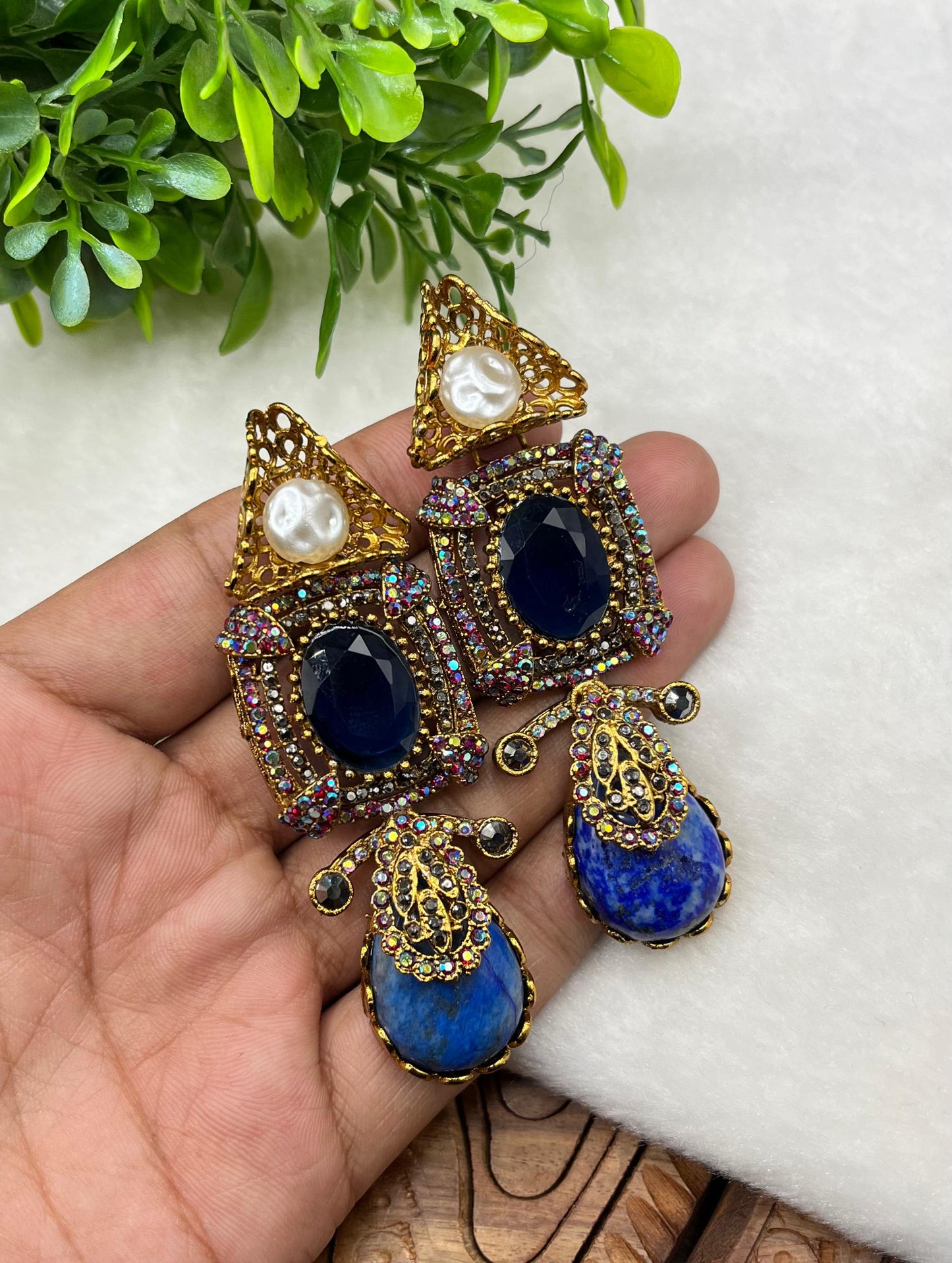 Turkish Designer Imperial Green Statement Earrings - Vintage Gold Filigree & Emerald-Cut Drop Earrings with Pearl Accents