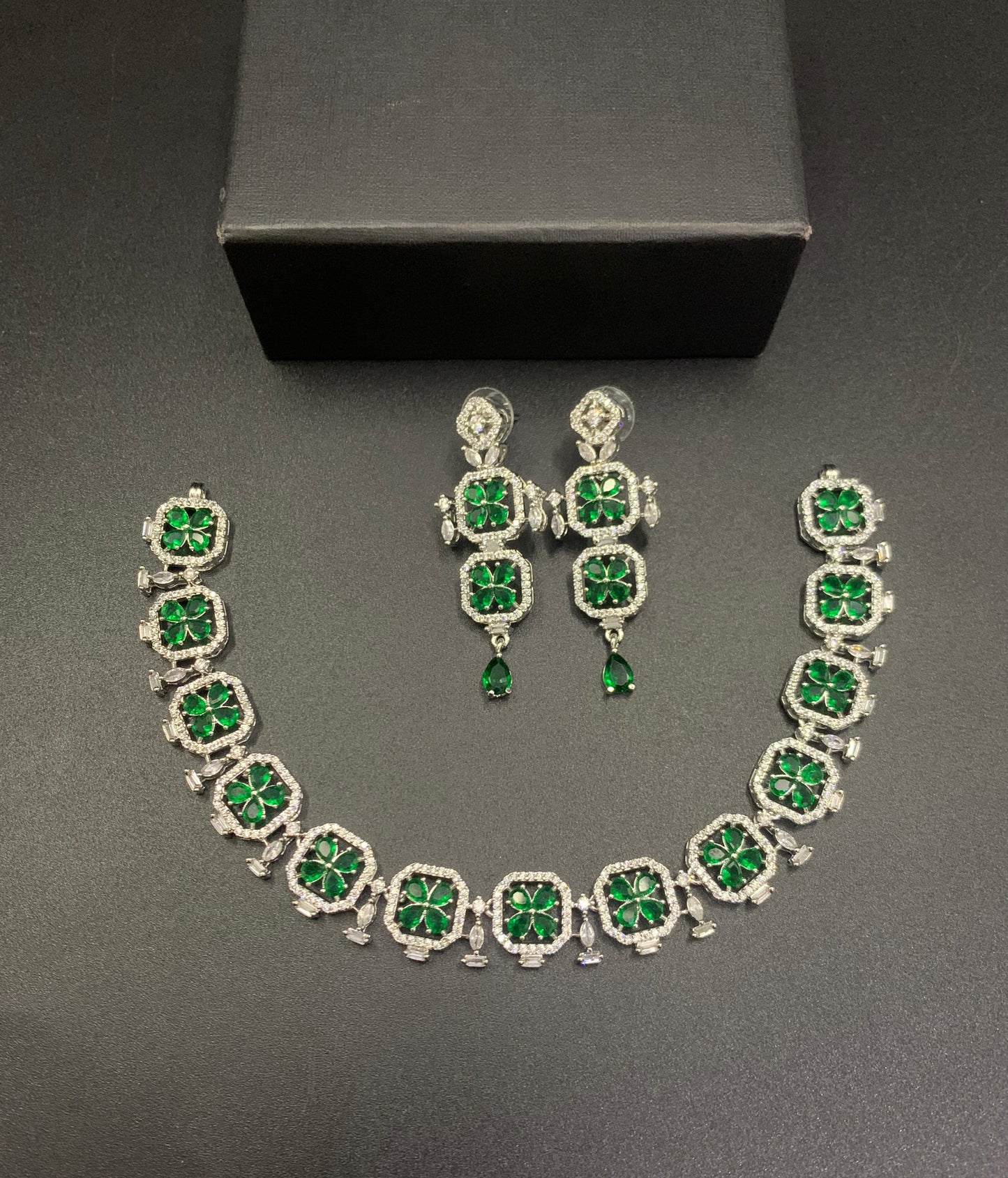 Designer Clover| Emerald Green Zircon|Clover Jewelry Set| – Statement Necklace & Drop Earrings