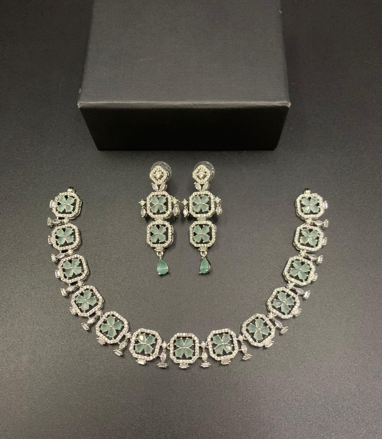 Designer Clover| Emerald Green Zircon|Clover Jewelry Set| – Statement Necklace & Drop Earrings