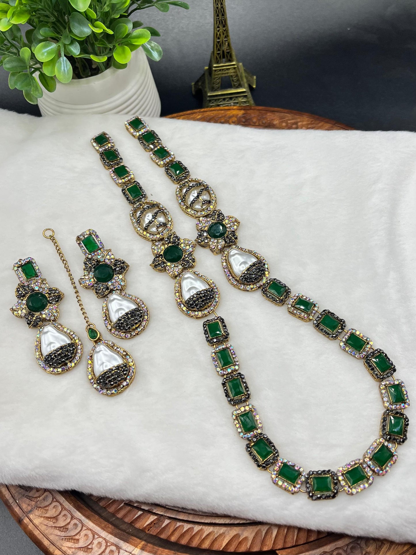 Turkish Designer Necklace, Earrings, and Maang Tikka with Gold Filigree| Statement Jewellery