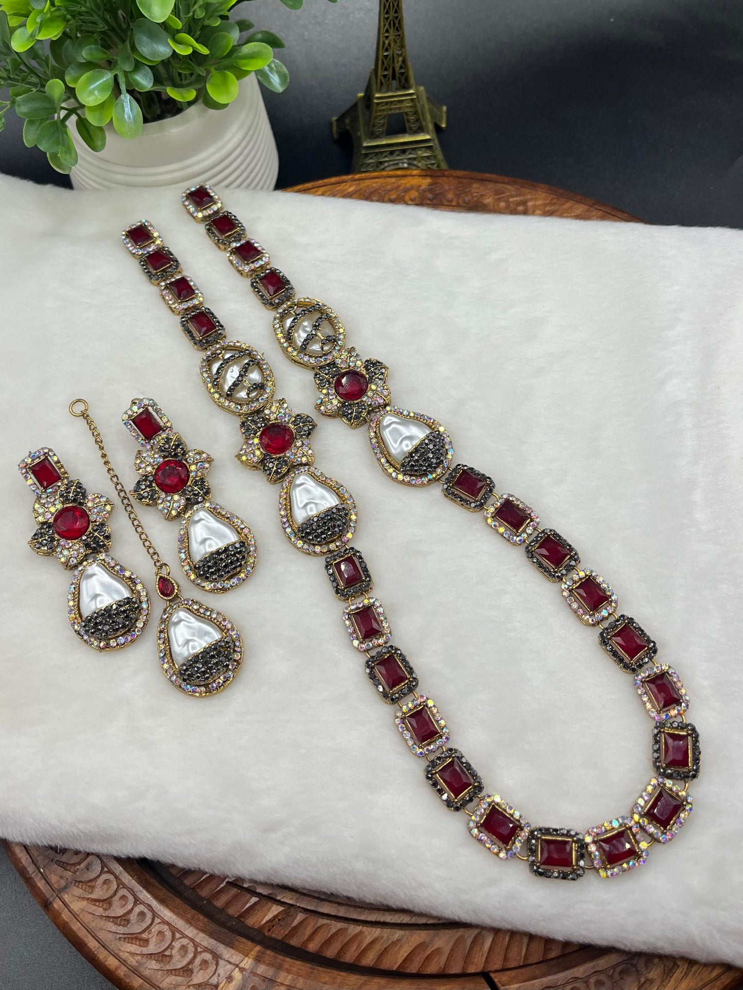 Turkish Designer Necklace, Earrings, and Maang Tikka with Gold Filigree| Statement Jewellery