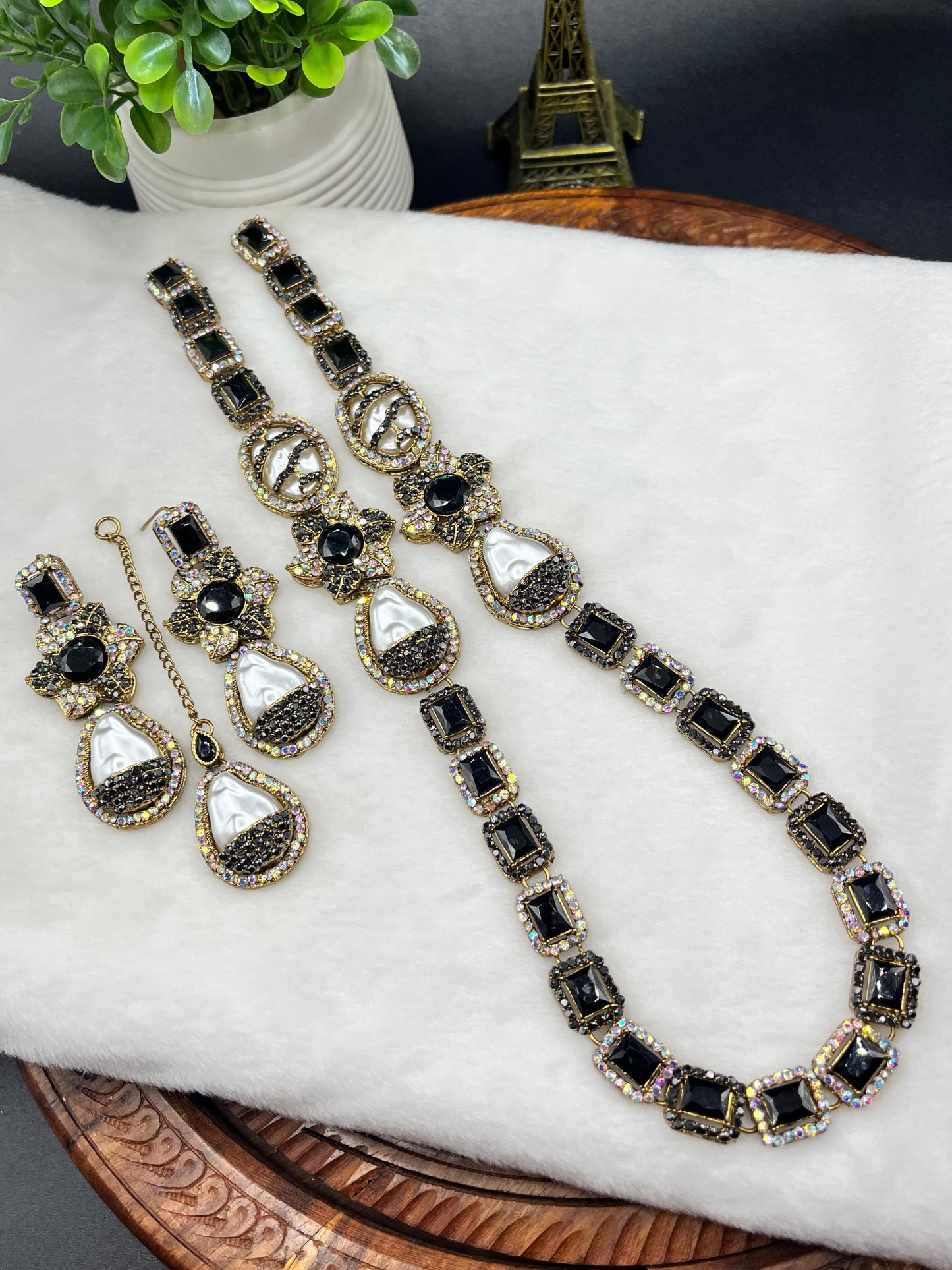 Turkish Designer Necklace, Earrings, and Maang Tikka with Gold Filigree| Statement Jewellery