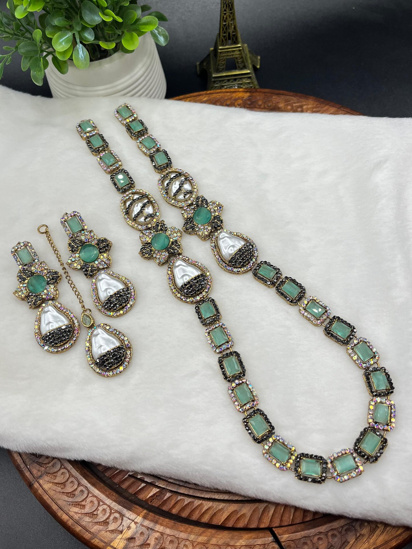Turkish Designer Necklace, Earrings, and Maang Tikka with Gold Filigree| Statement Jewellery