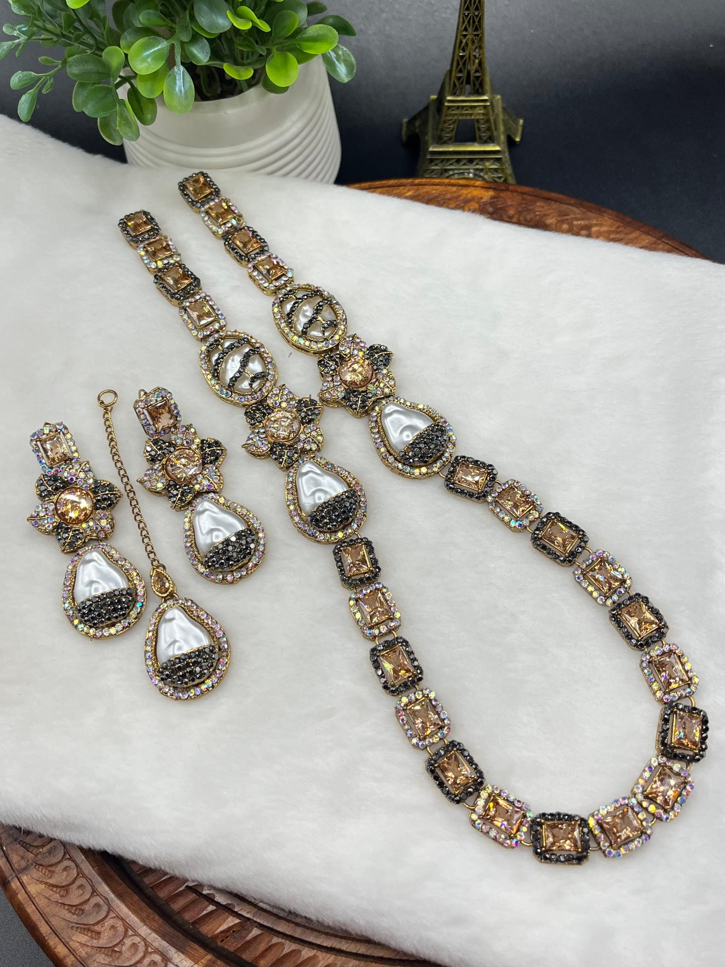 Turkish Designer Necklace, Earrings, and Maang Tikka with Gold Filigree| Statement Jewellery