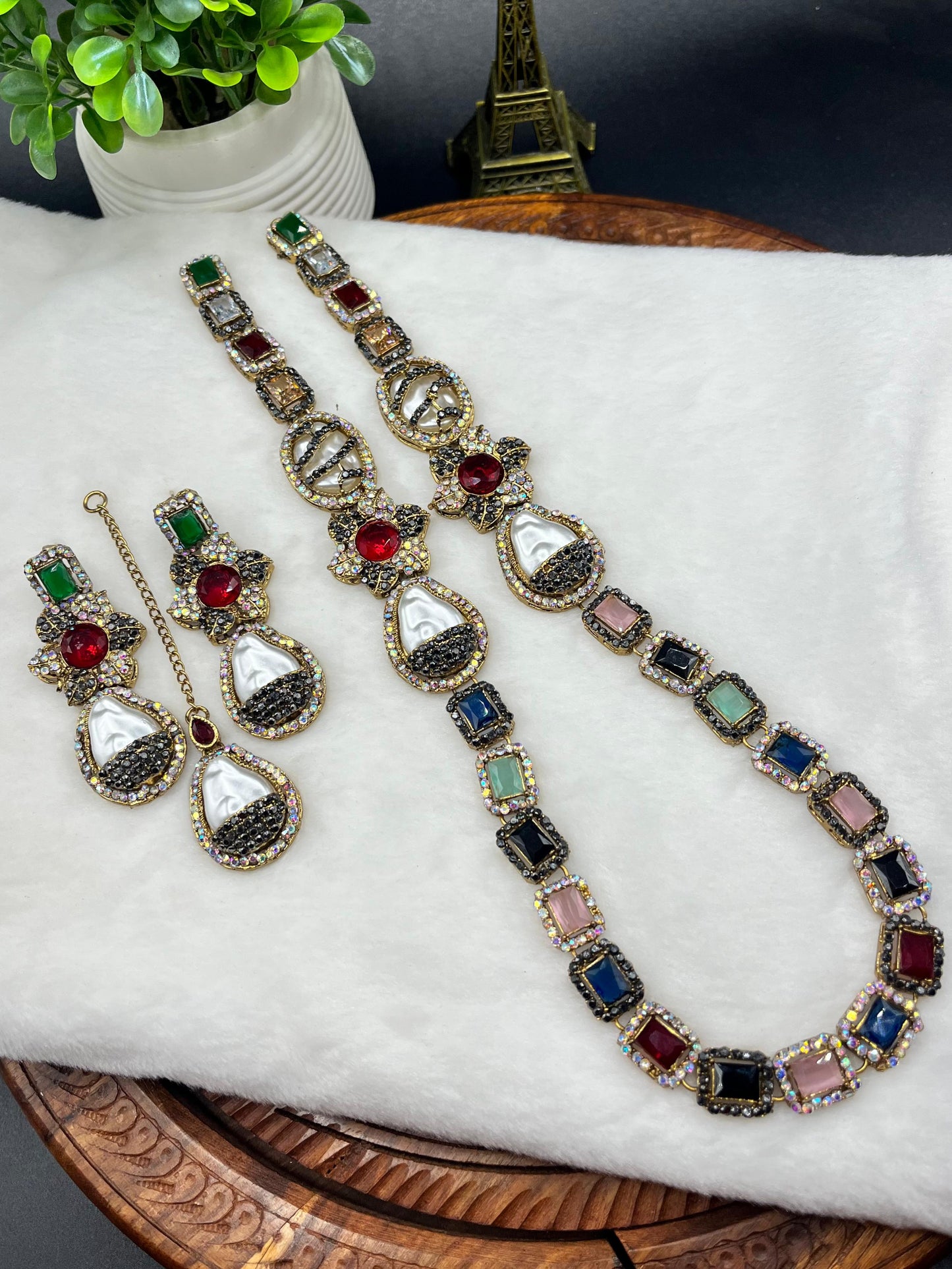 Turkish Designer Necklace, Earrings, and Maang Tikka with Gold Filigree| Statement Jewellery