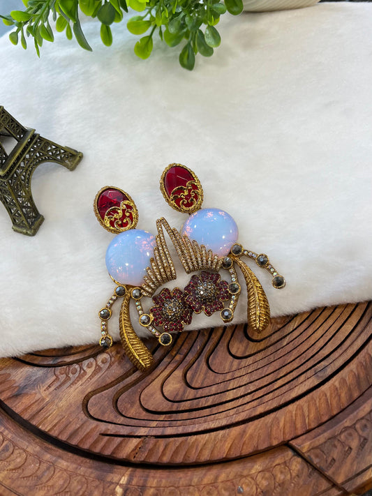 Vintage-Inspired Turkish Statement Earrings - Bold Gold & Iridescent Opal Drop Earrings for Women