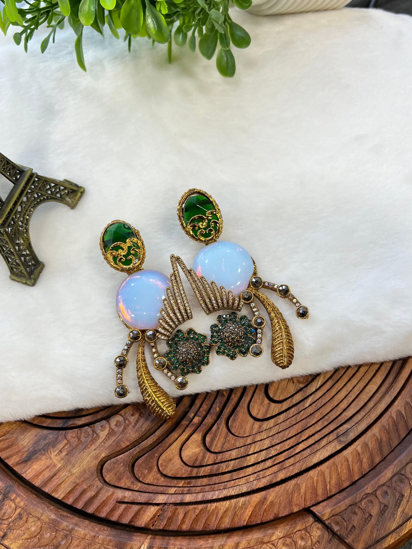 Vintage-Inspired Turkish Statement Earrings - Bold Gold & Iridescent Opal Drop Earrings for Women