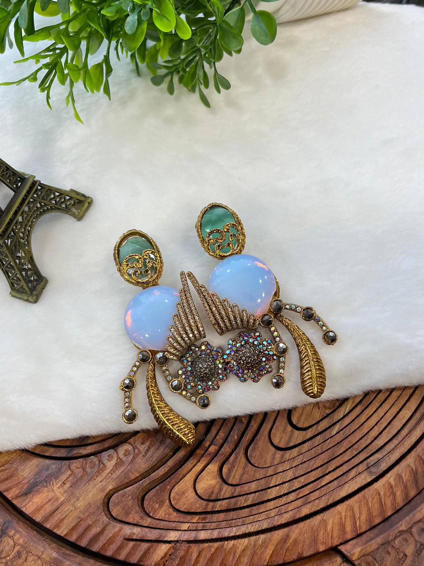 Vintage-Inspired Turkish Statement Earrings - Bold Gold & Iridescent Opal Drop Earrings for Women