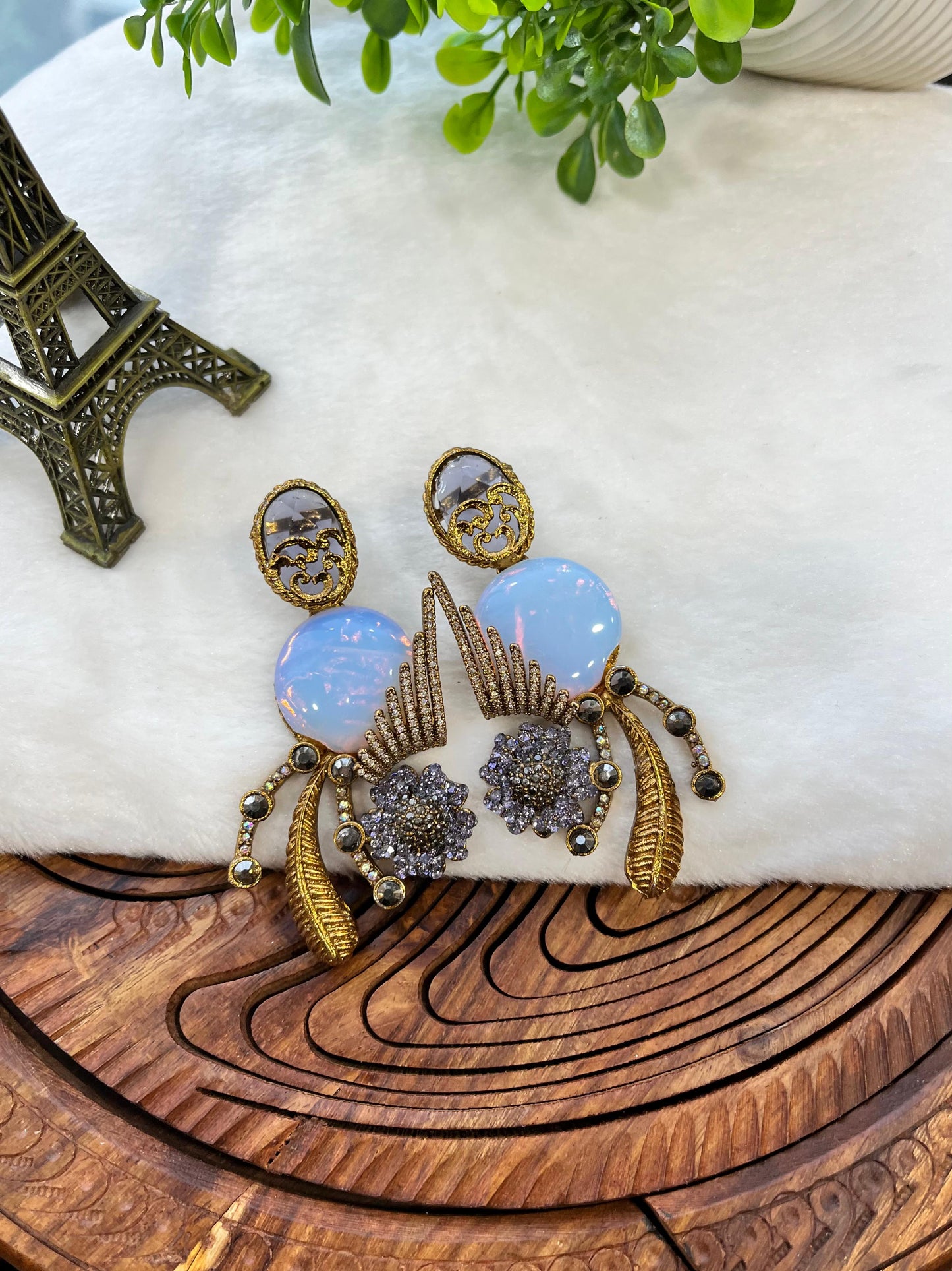 Vintage-Inspired Turkish Statement Earrings - Bold Gold & Iridescent Opal Drop Earrings for Women