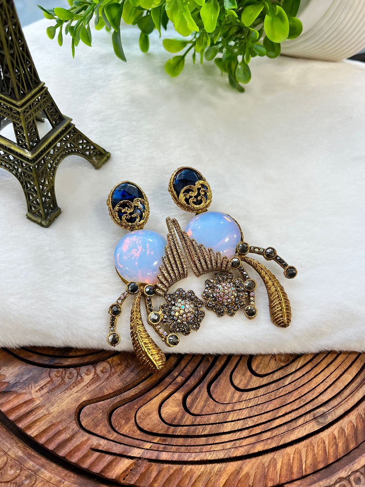 Vintage-Inspired Turkish Statement Earrings - Bold Gold & Iridescent Opal Drop Earrings for Women